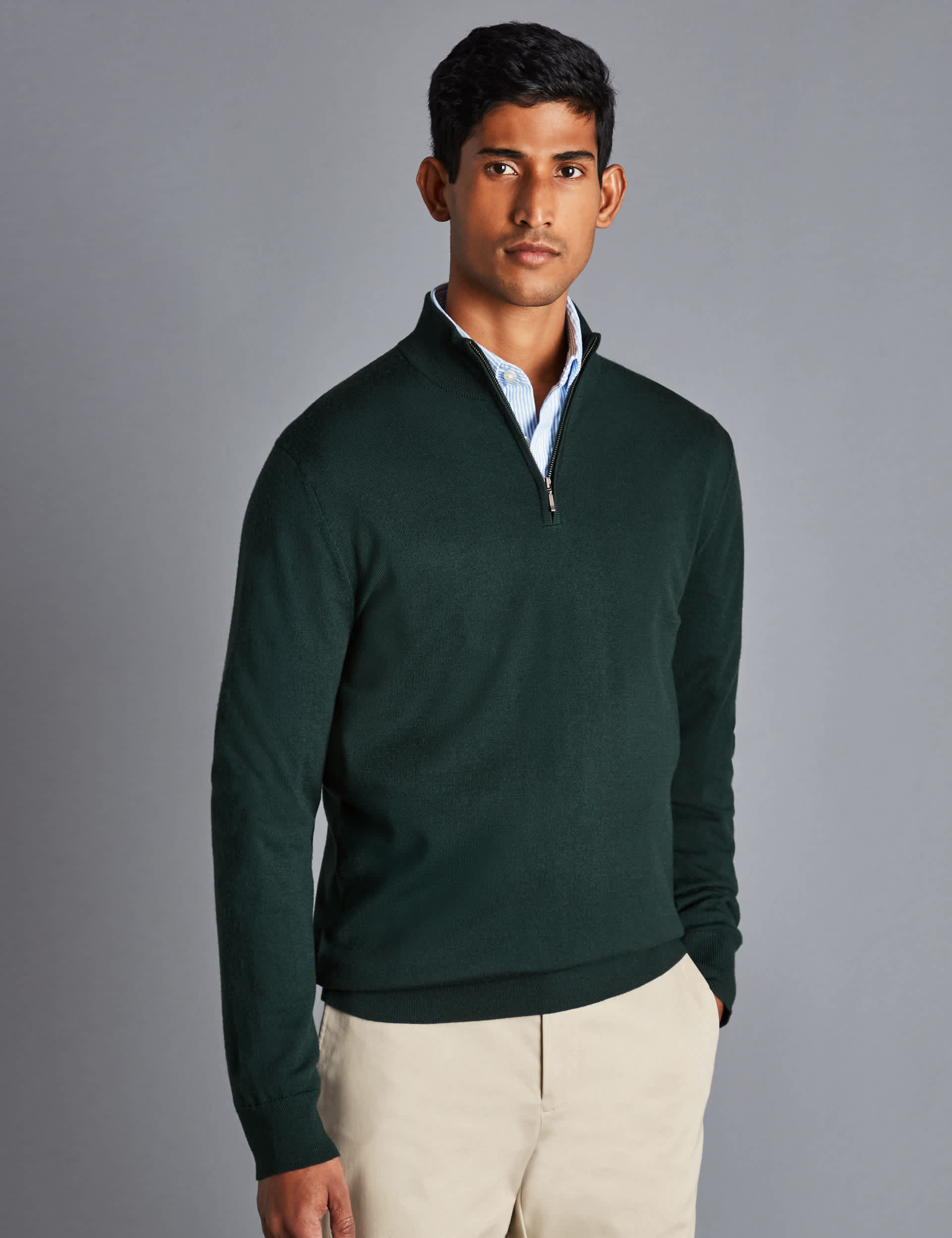 Charles Tyrwhitt Men's Pure Merino Wool Half Zip Jumper - Green, Green