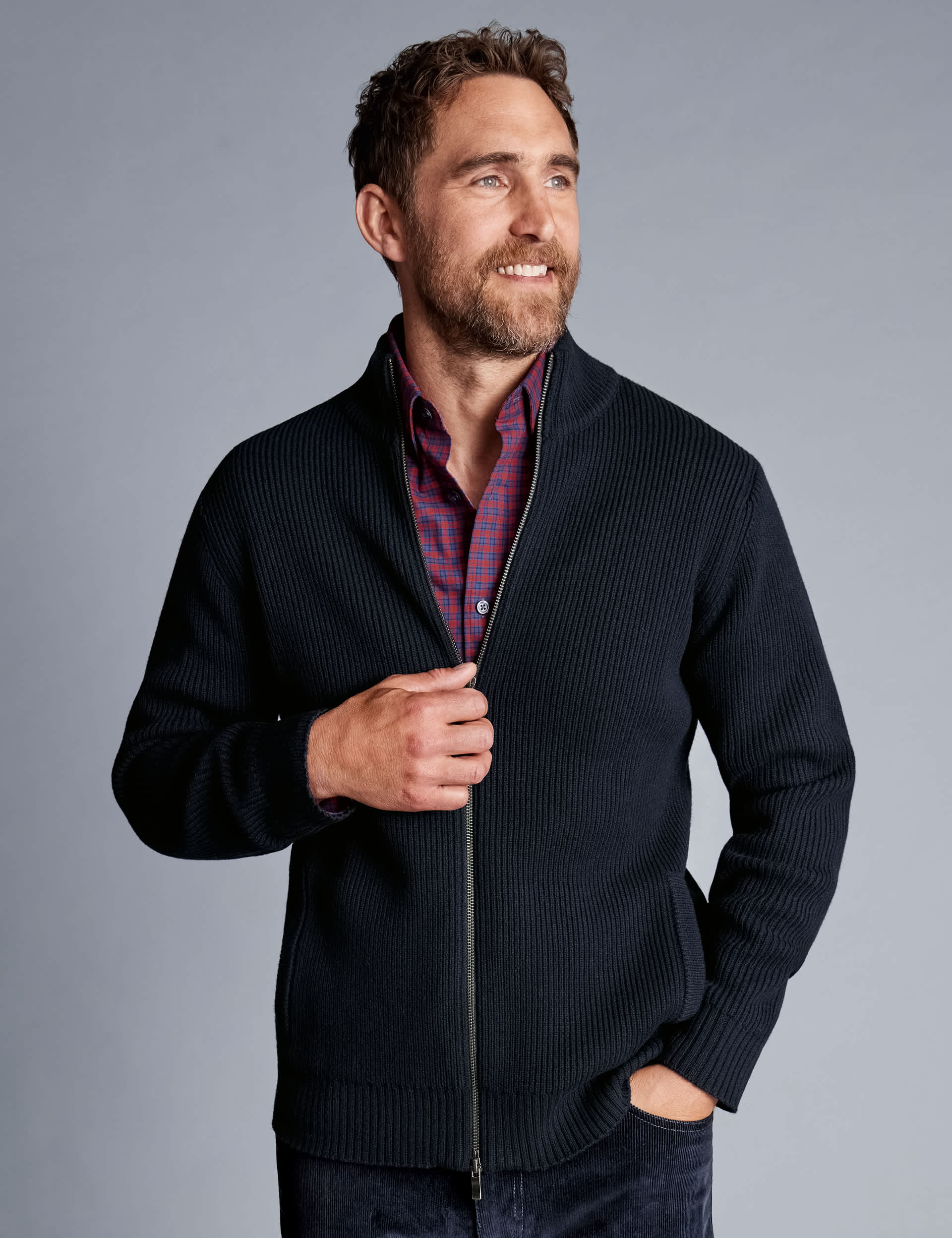 Charles Tyrwhitt Men's Pure Wool Ribbed Zip Up Cardigan - M - Blue, Blue,Grey