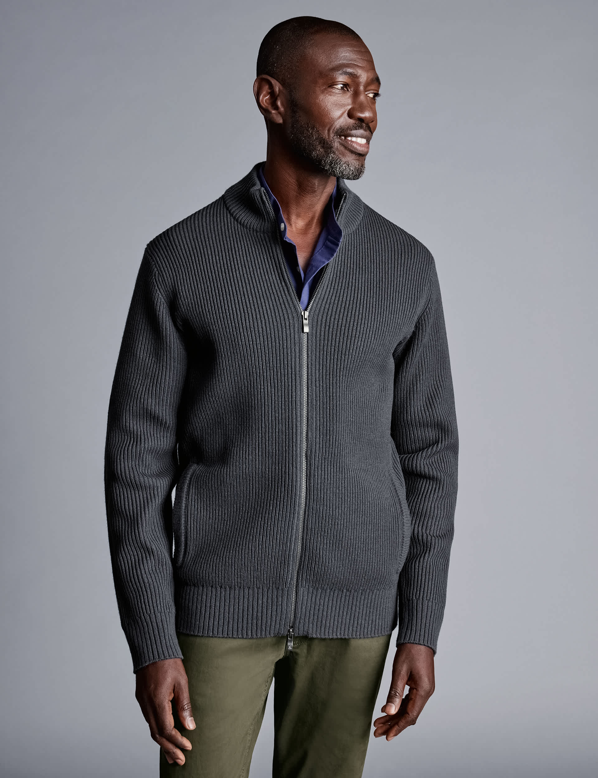 Charles Tyrwhitt Men's Pure Wool Ribbed Zip Up Cardigan