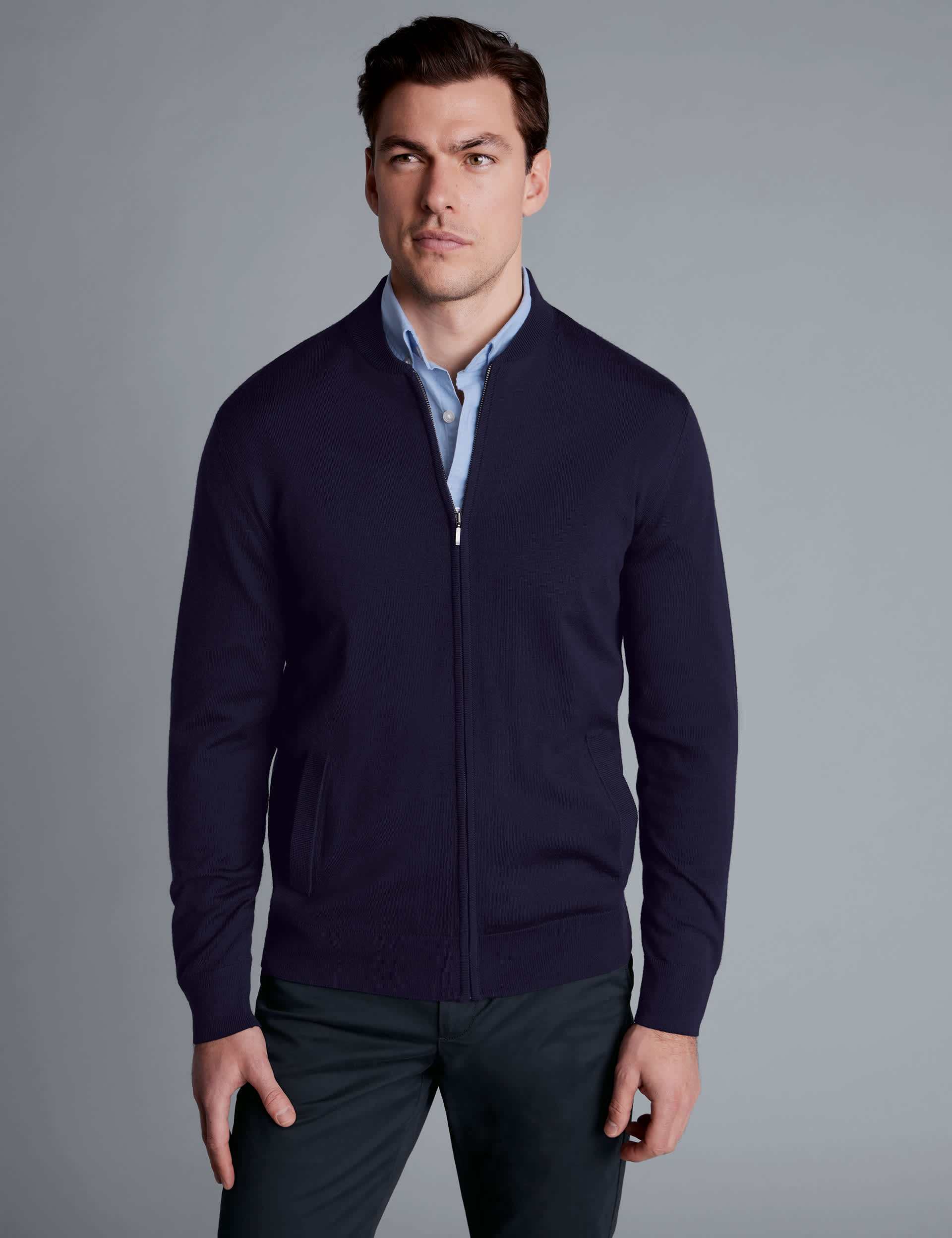 Charles Tyrwhitt Men's Pure Extra Fine Merino Wool Knitted Bomber - XXL - Navy, Navy