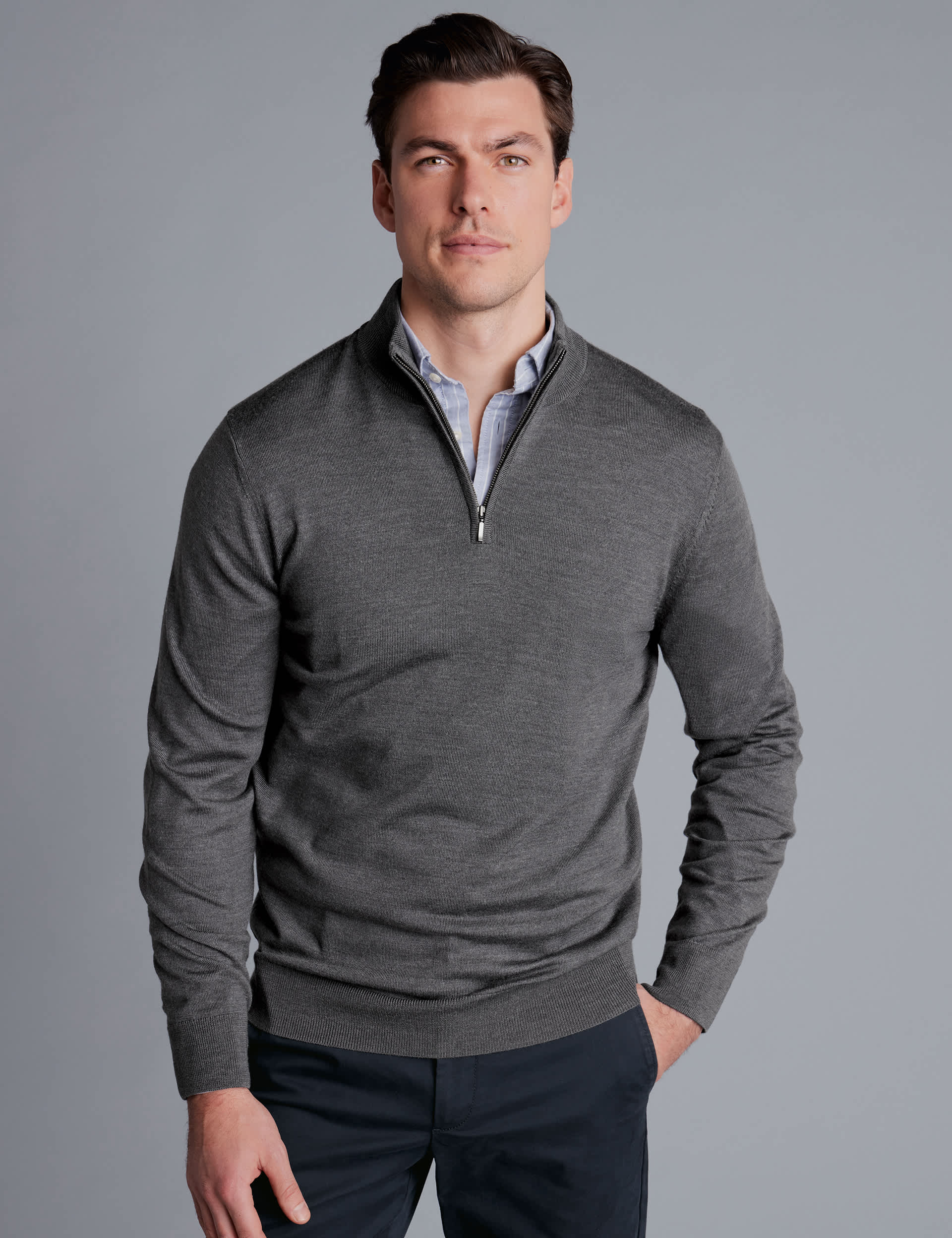 Charles Tyrwhitt Men's Pure Merino Wool Half Zip Jumper - Grey, Grey