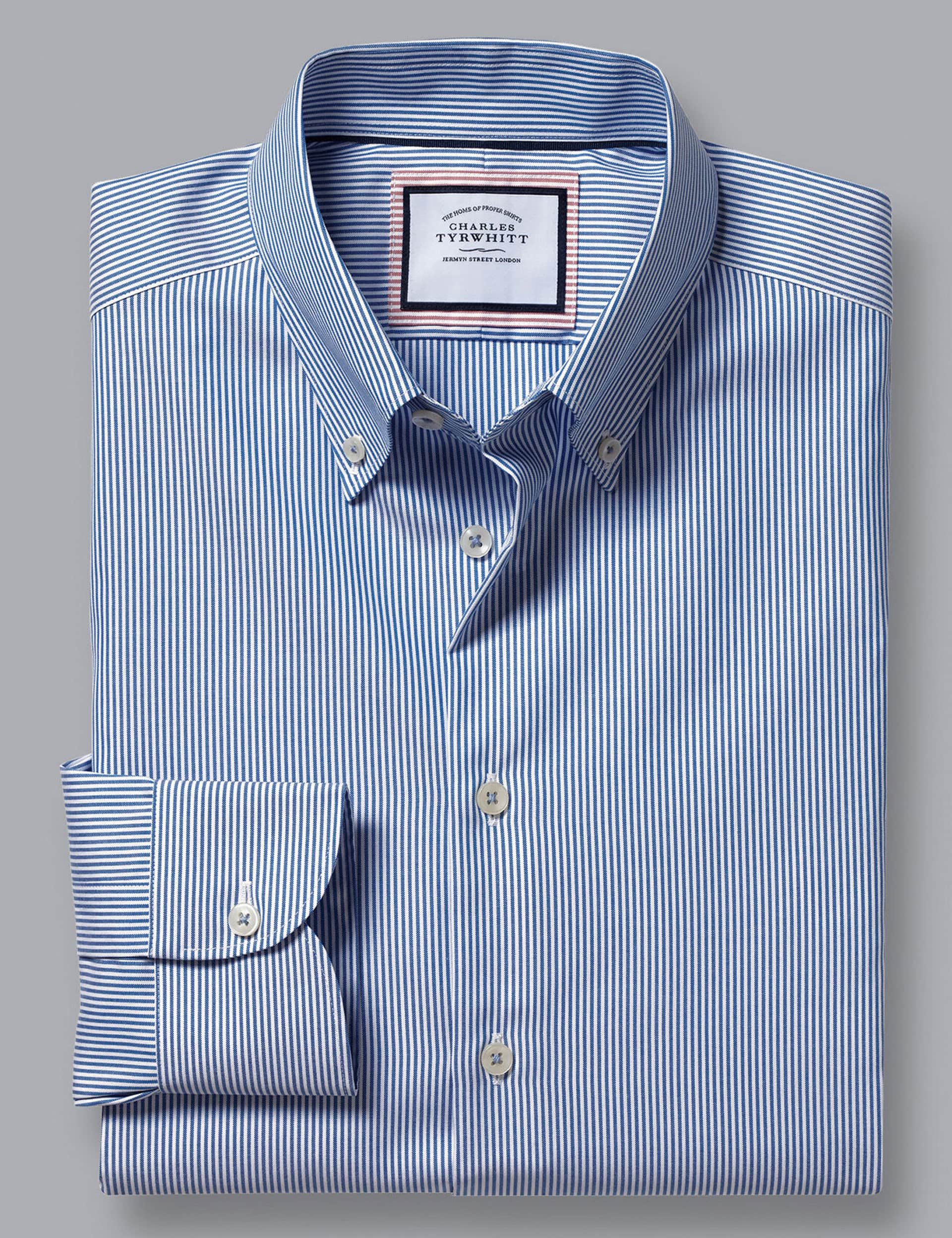 Charles Tyrwhitt Men's Non Iron Pure Cotton Striped Oxford Shirt - 16.5/35 - Blue, Blue