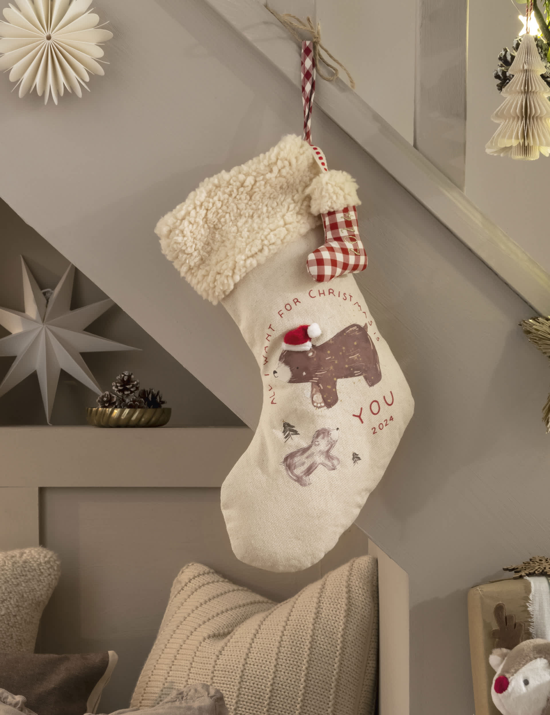 Mamas & Papas Calico Christmas 2024 Bear Stocking - White, White