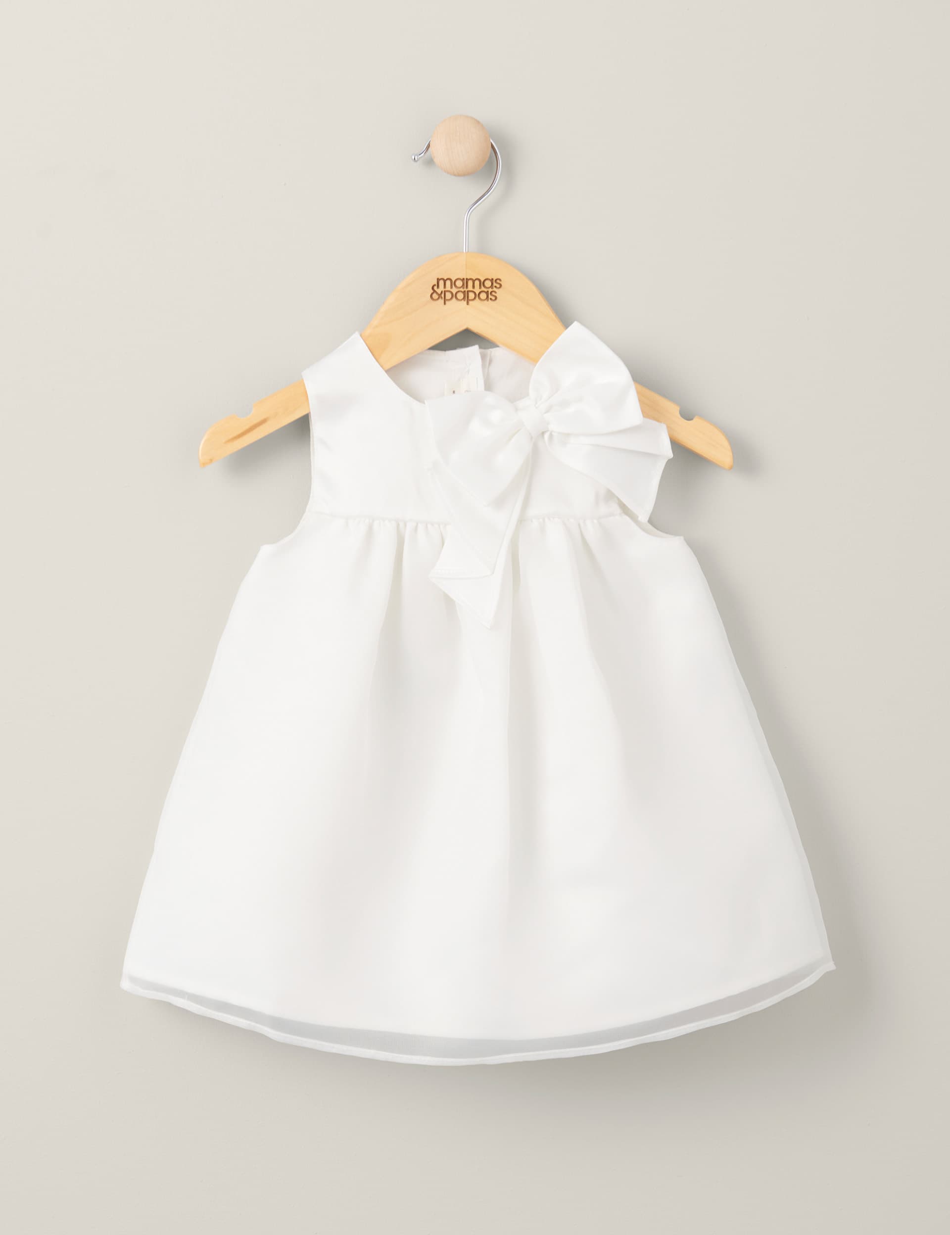 Mamas & Papas Girls Pure Cotton Bow Dress (0-3 Yrs) - 3-6 M - White, White