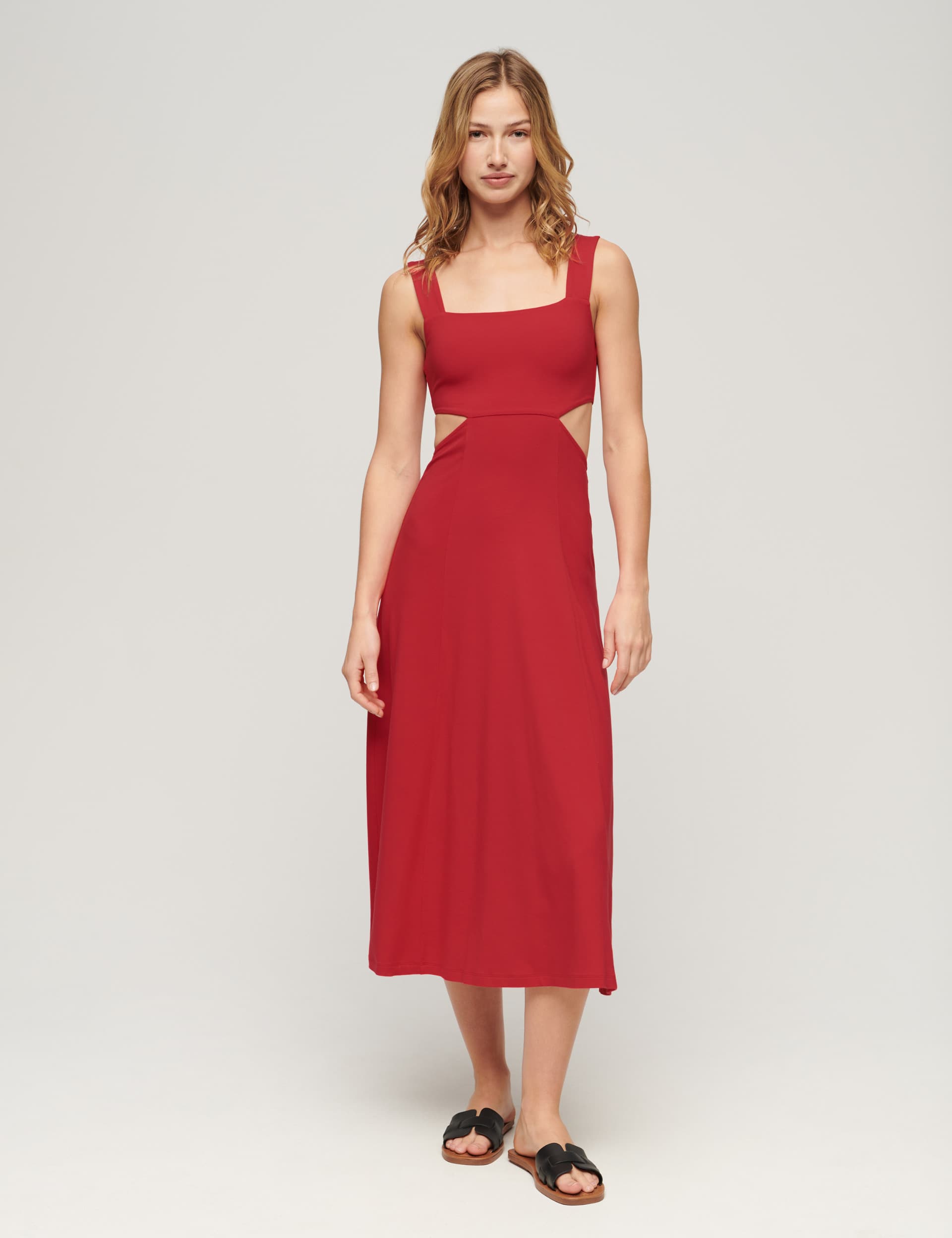 Superdry Women's Jersey Square Neck Midi Waisted Dress - 14 - Red, Red,Black