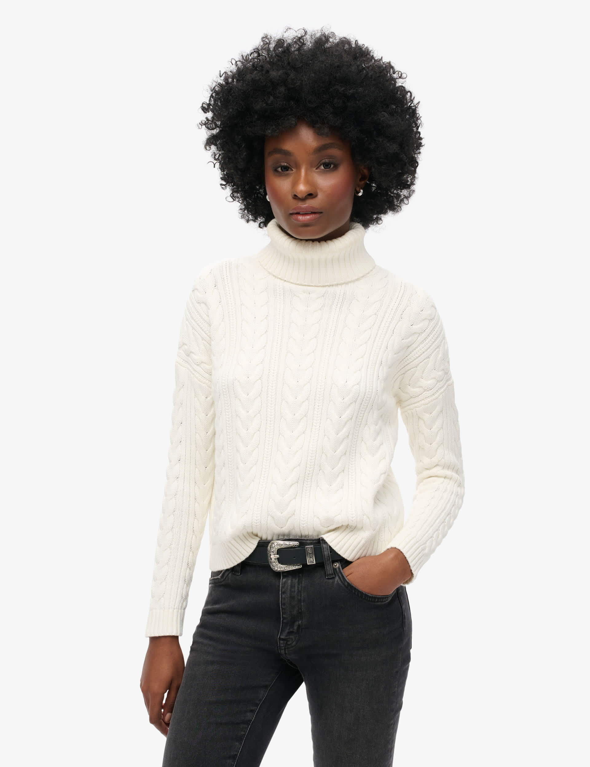 Superdry Women's Pure Cotton Cable Knit Roll Neck Jumper - 12 - White, White