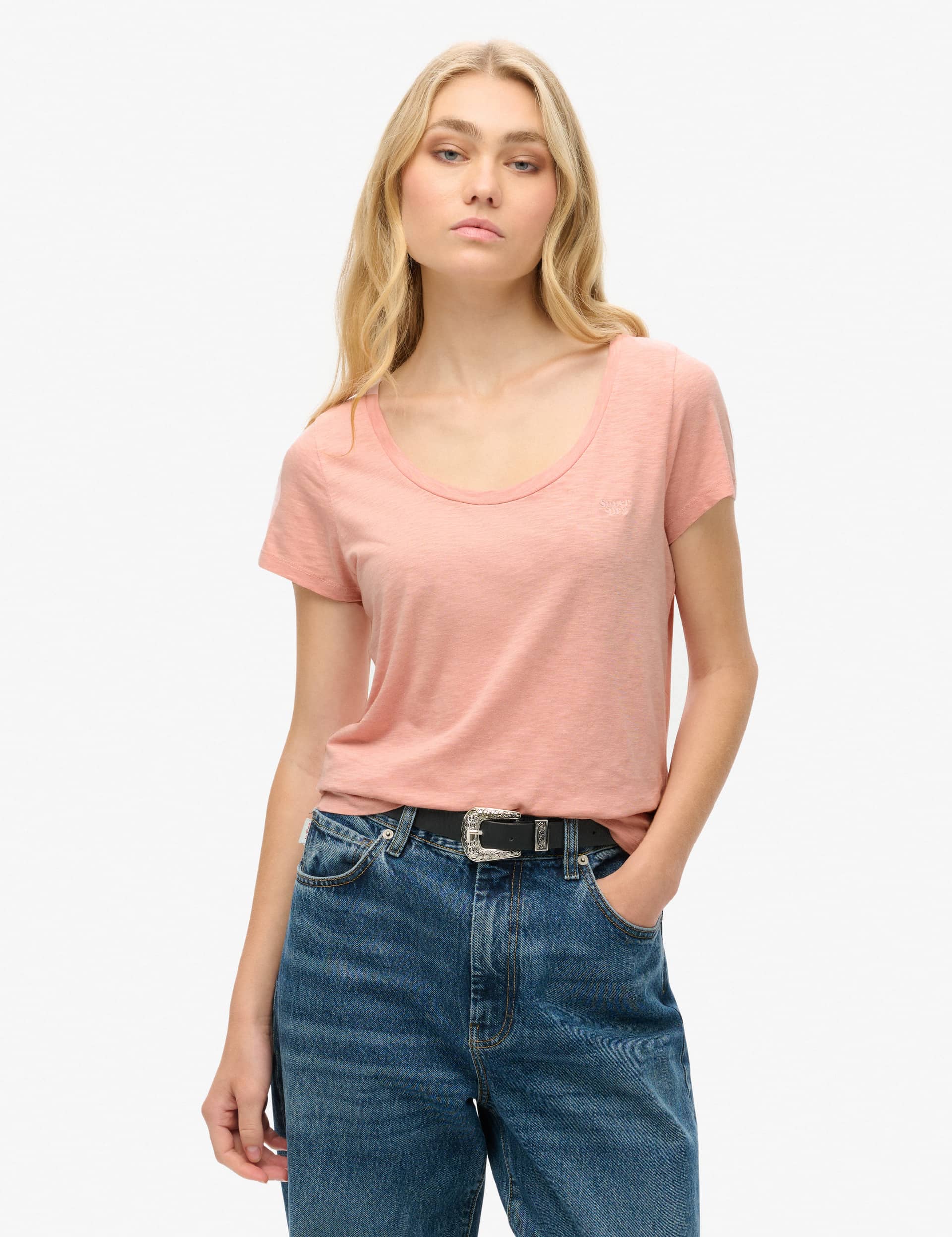 Superdry Women's Cotton Rich Scoop Neck T-Shirt - 12 - Pink, Pink,Coral