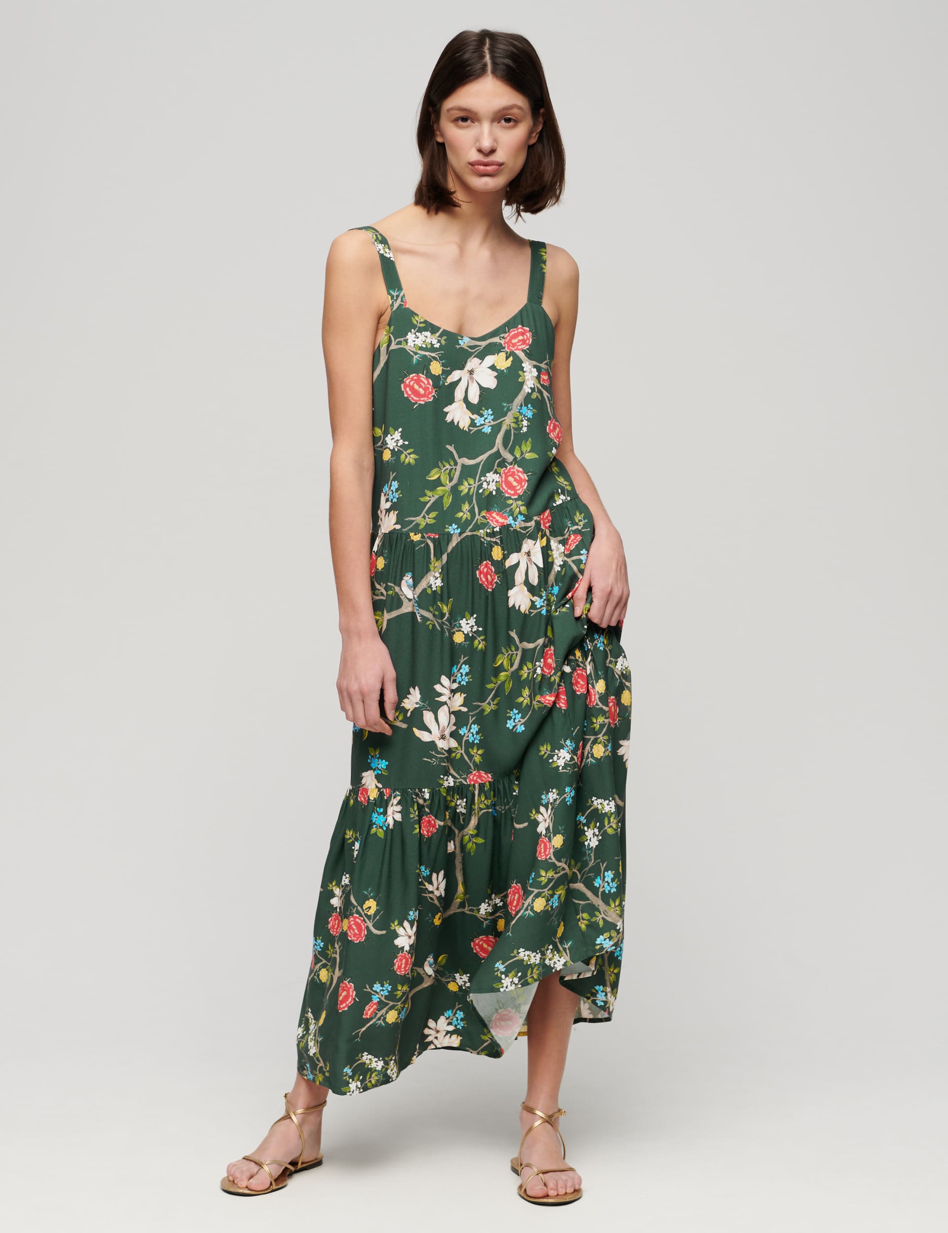 Superdry Women's Floral Strappy Maxi Tiered Dress - 10 - Green, Green