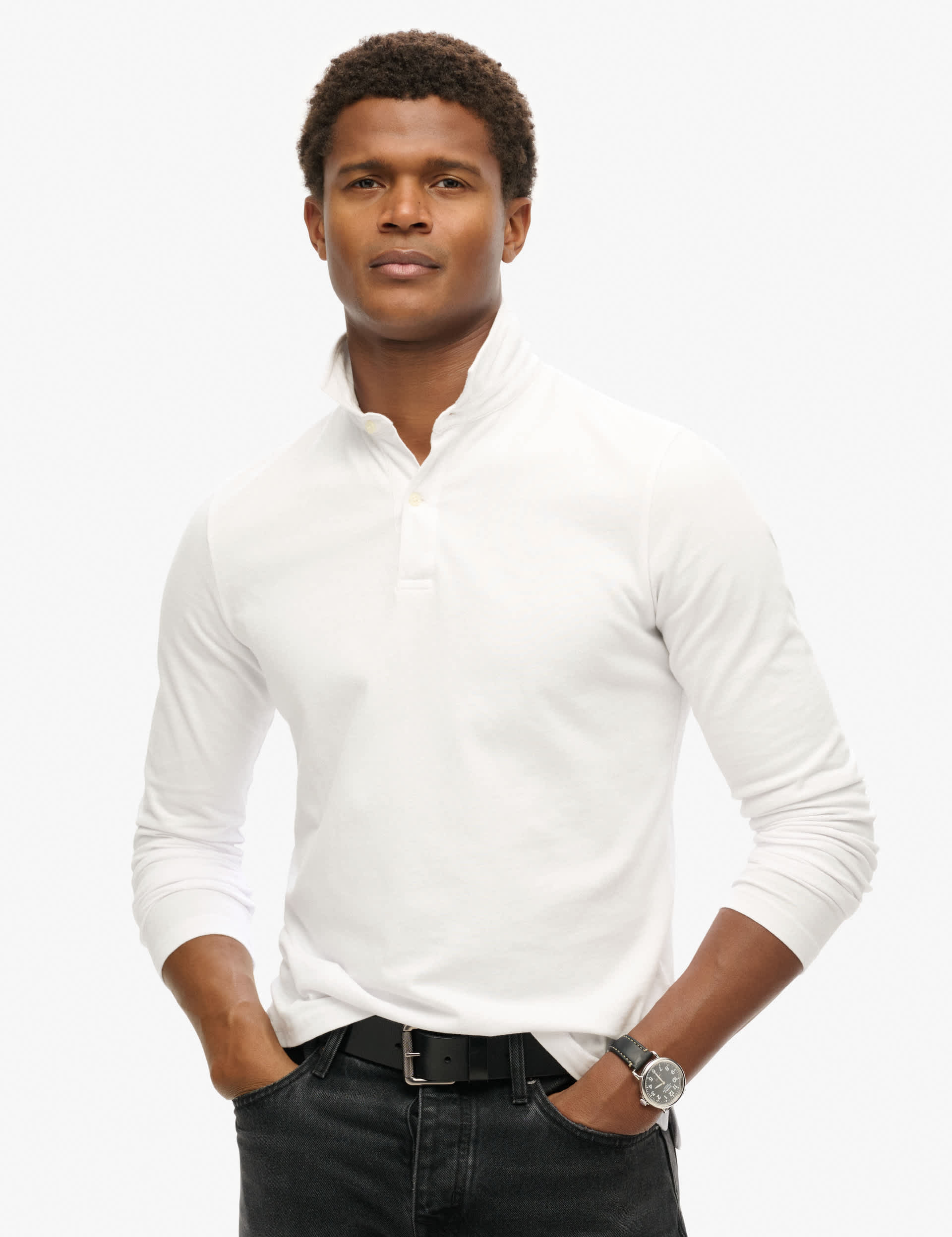 Superdry Men's Slim Fit Pure Cotton Long Sleeve Polo Shirt - White, White