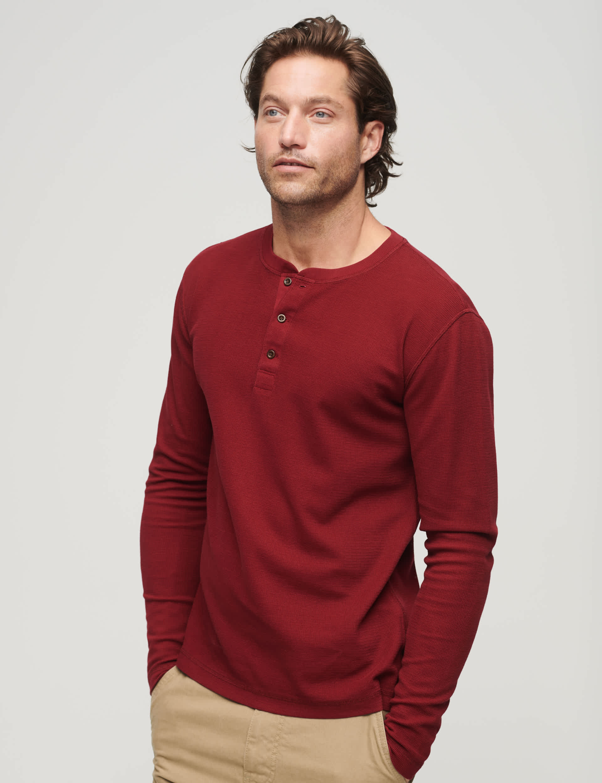 Superdry Men's Relaxed Fit Pure Cotton Waffle Henley Top - Red, Red