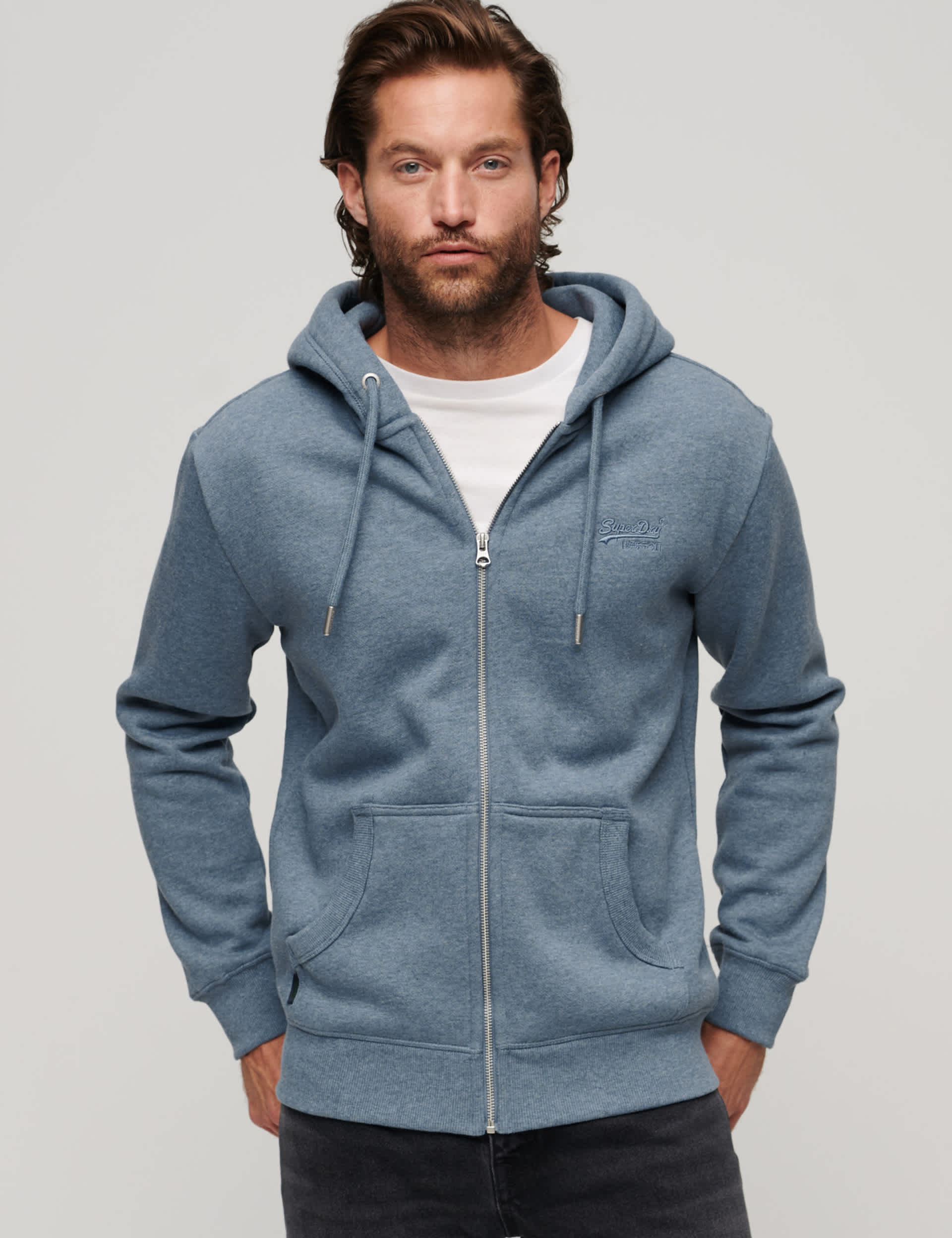 Superdry Men's Slim Fit Cotton Rich Zip Up Hoodie - Blue, Blue