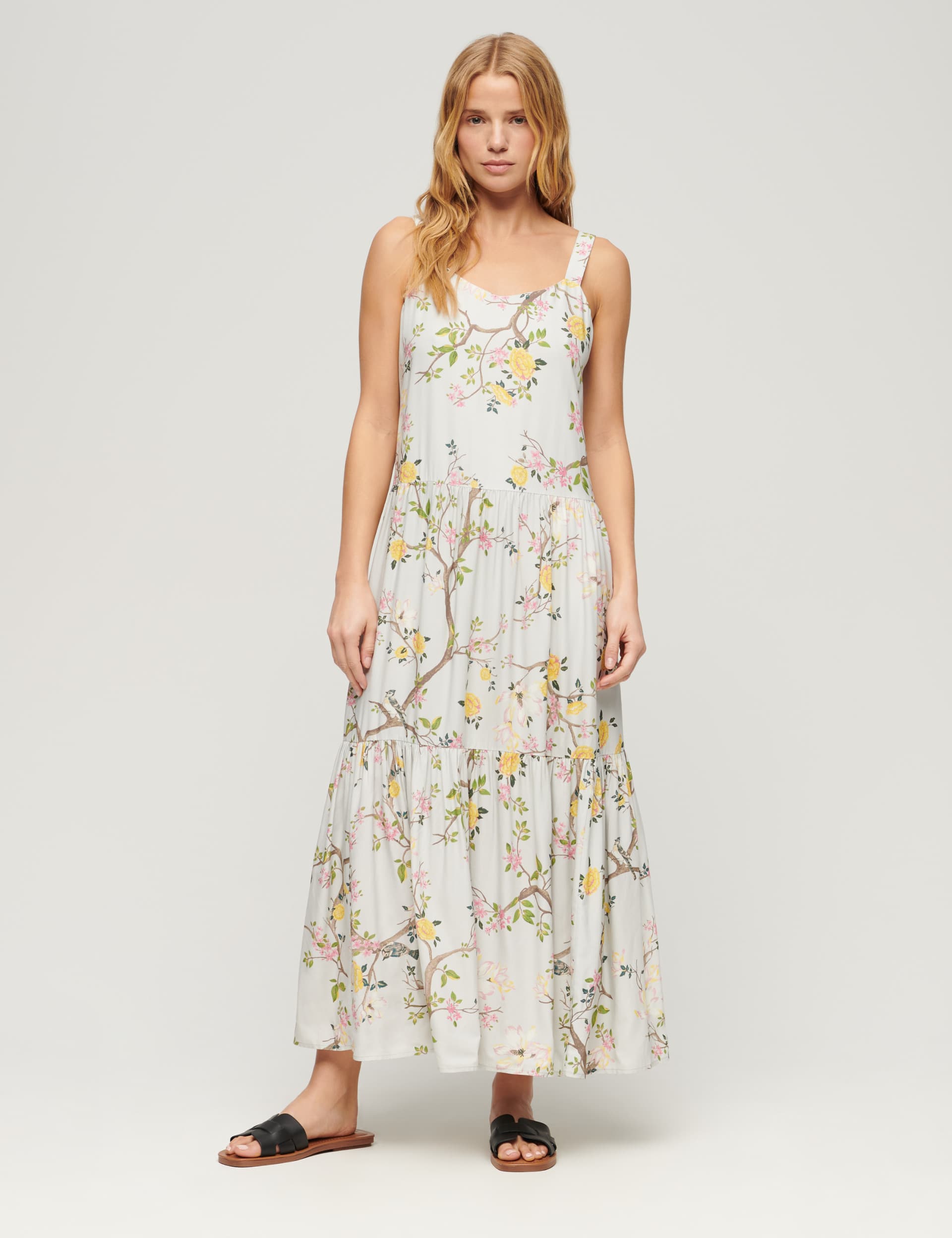 Superdry Women's Floral V-Neck Strappy Maxi Tiered Dress - 6 - Green Mix, Green Mix