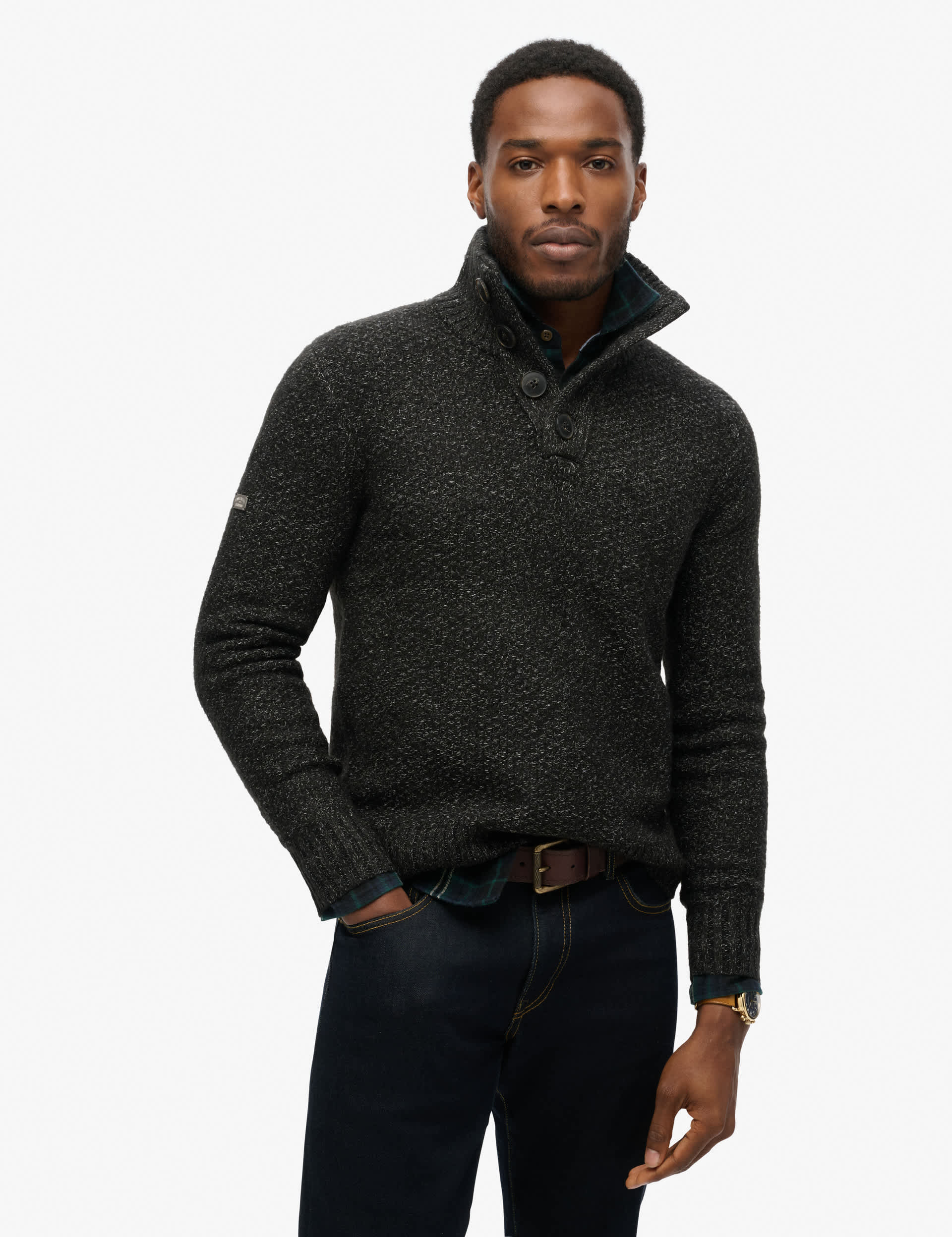 Superdry Men's Textured Funnel Neck Jumper - Black, Black,Khaki