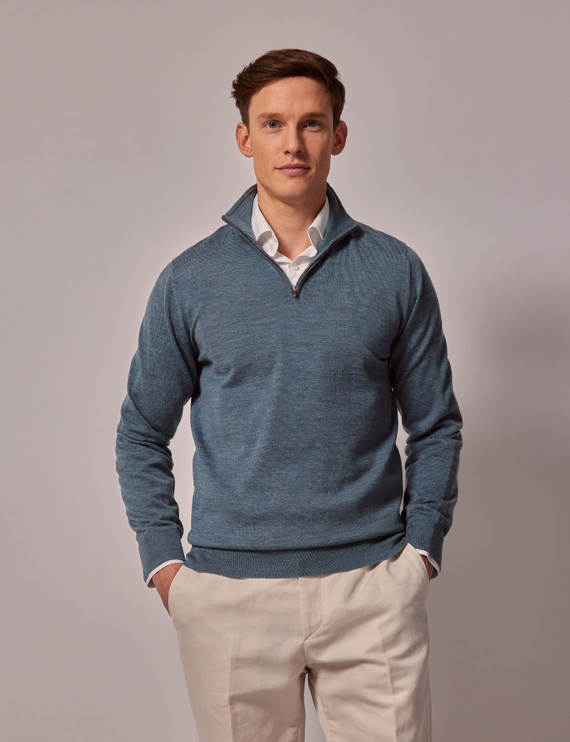 Hawes & Curtis Men's Pure Merino Wool Half Zip Jumper - Green, Green,Stone,Blue,Navy,Grey