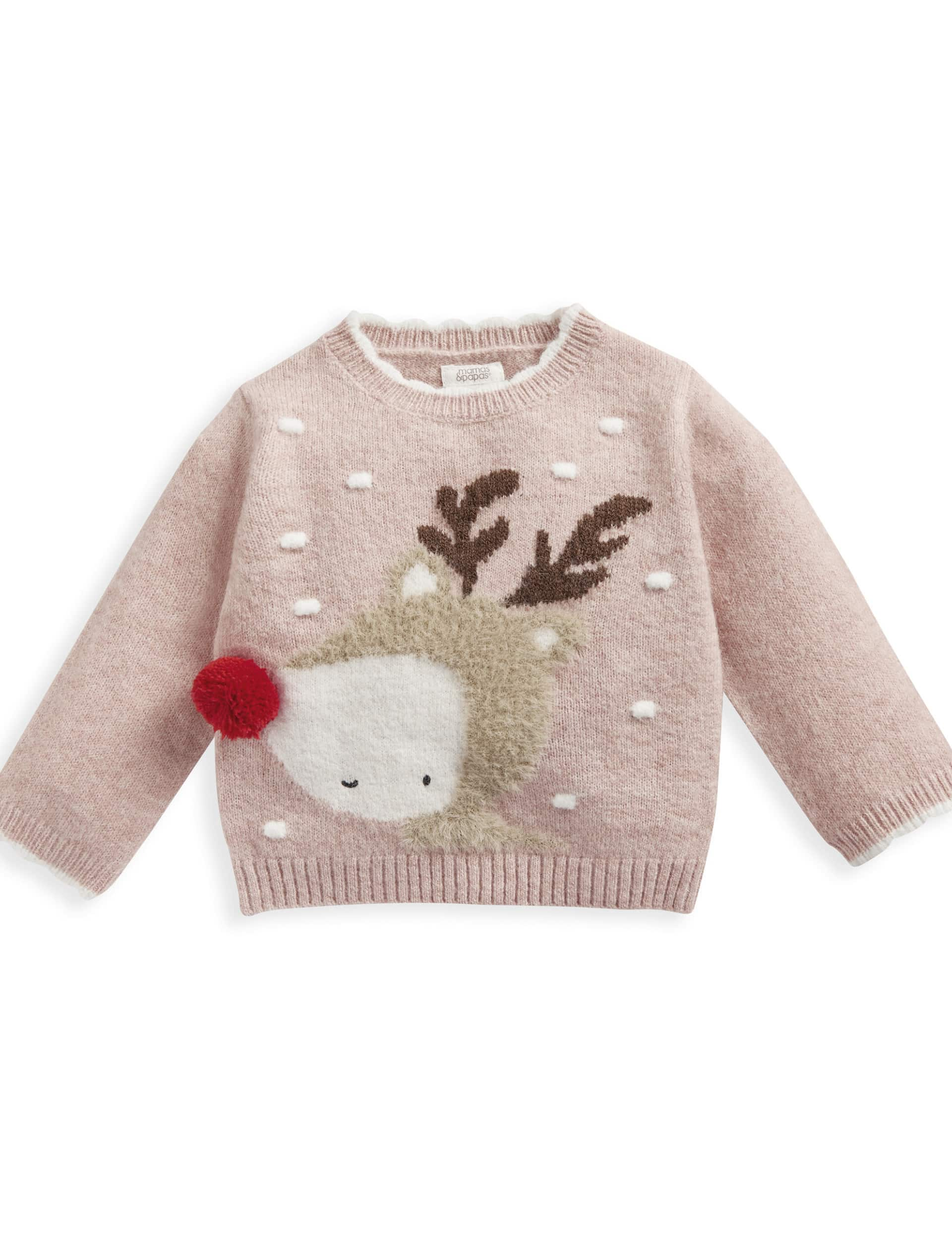 Mamas & Papas Girls Knitted Reindeer Jumper (0-3 Yrs) - 0-3 M - Pink, Pink