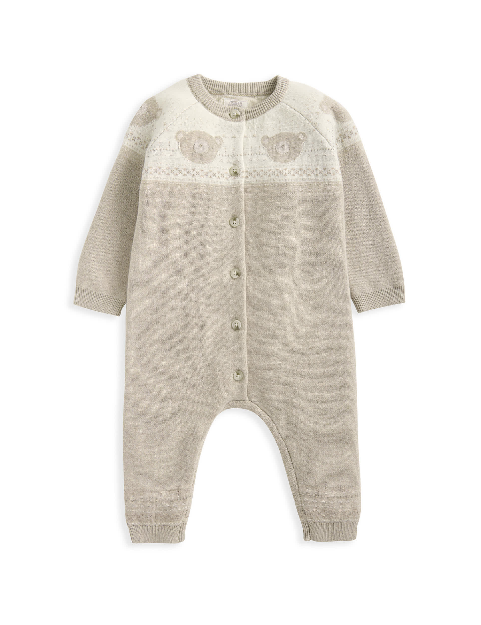 Mamas & Papas Pure Cotton Teddy Bear Fair Isle Knitted Romper (0-12 Mths) - 0-3 M - Beige, Beige