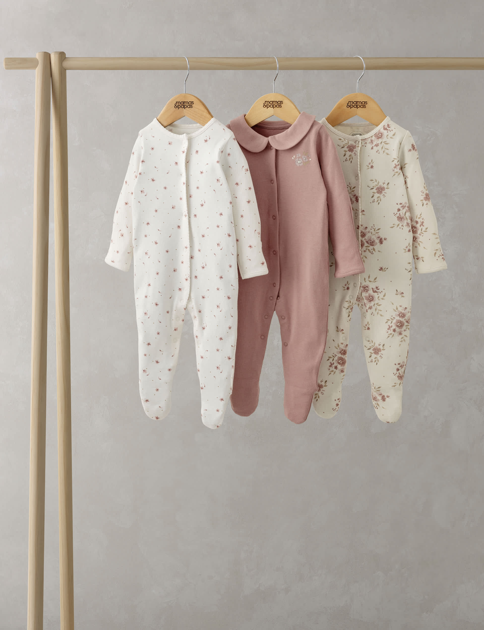 Mamas & Papas Newborn Girls 3pk Pure Cotton Floral Sleepsuits (0-24 Mths) - 3-6 M - Pink, Pink