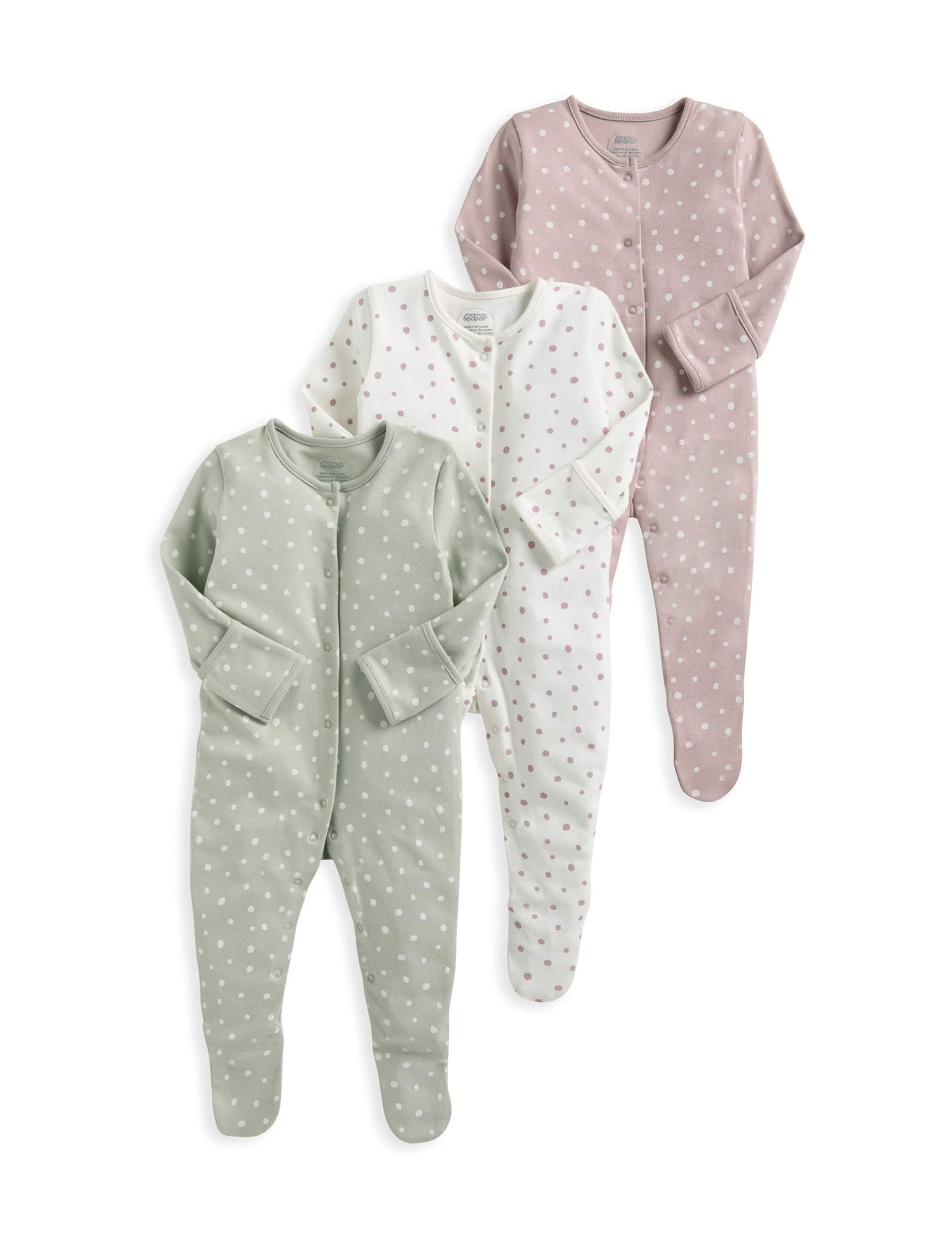 Mamas & Papas Girls 3pk Pure Cotton Spot Sleepsuits (0-24 Mths) - UT1M - Multi, Multi