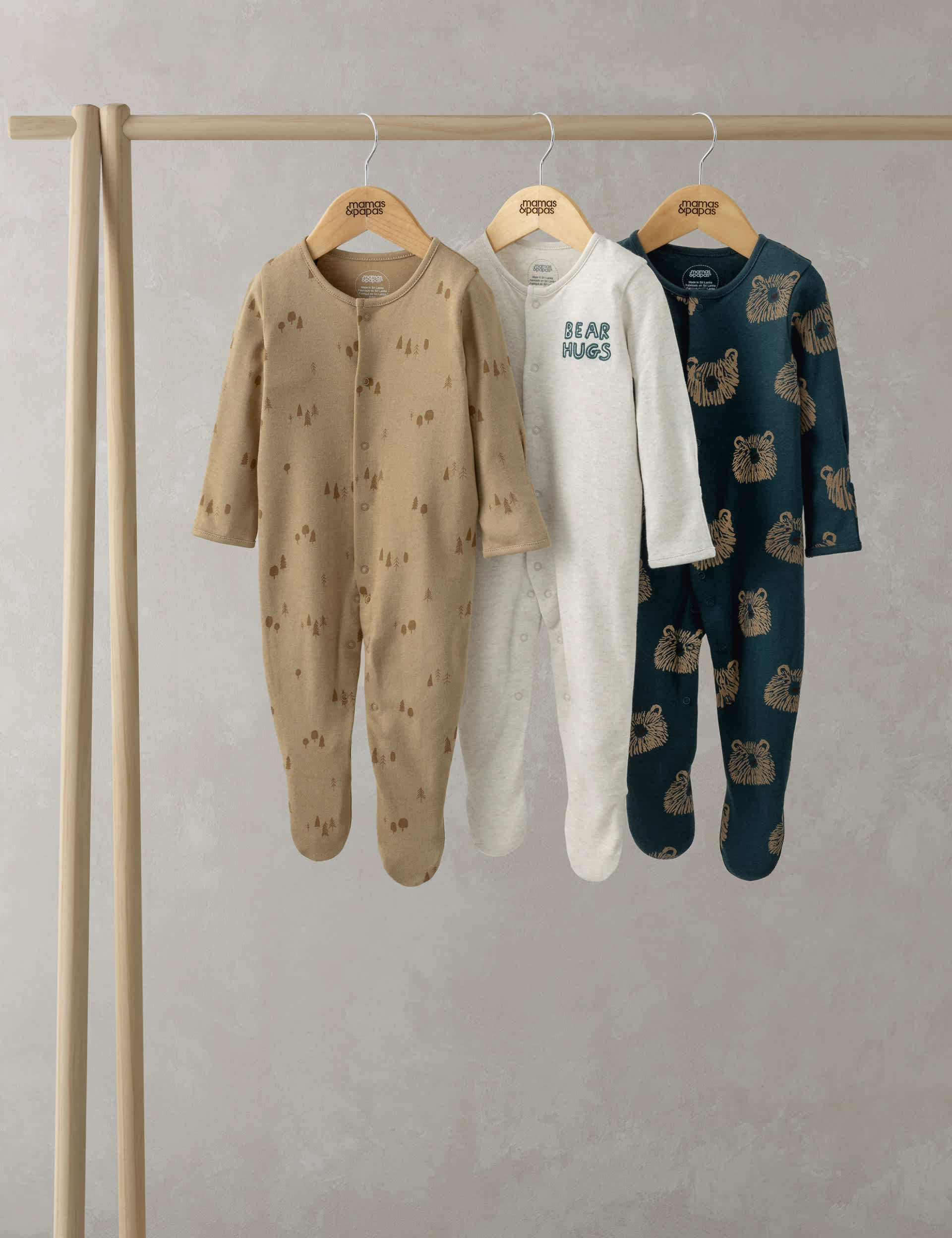 Mamas & Papas Newborn Boys 3pk Pure Cotton Bear Sleepsuits (0-24 Mths) - 0-3 M - Multi, Multi