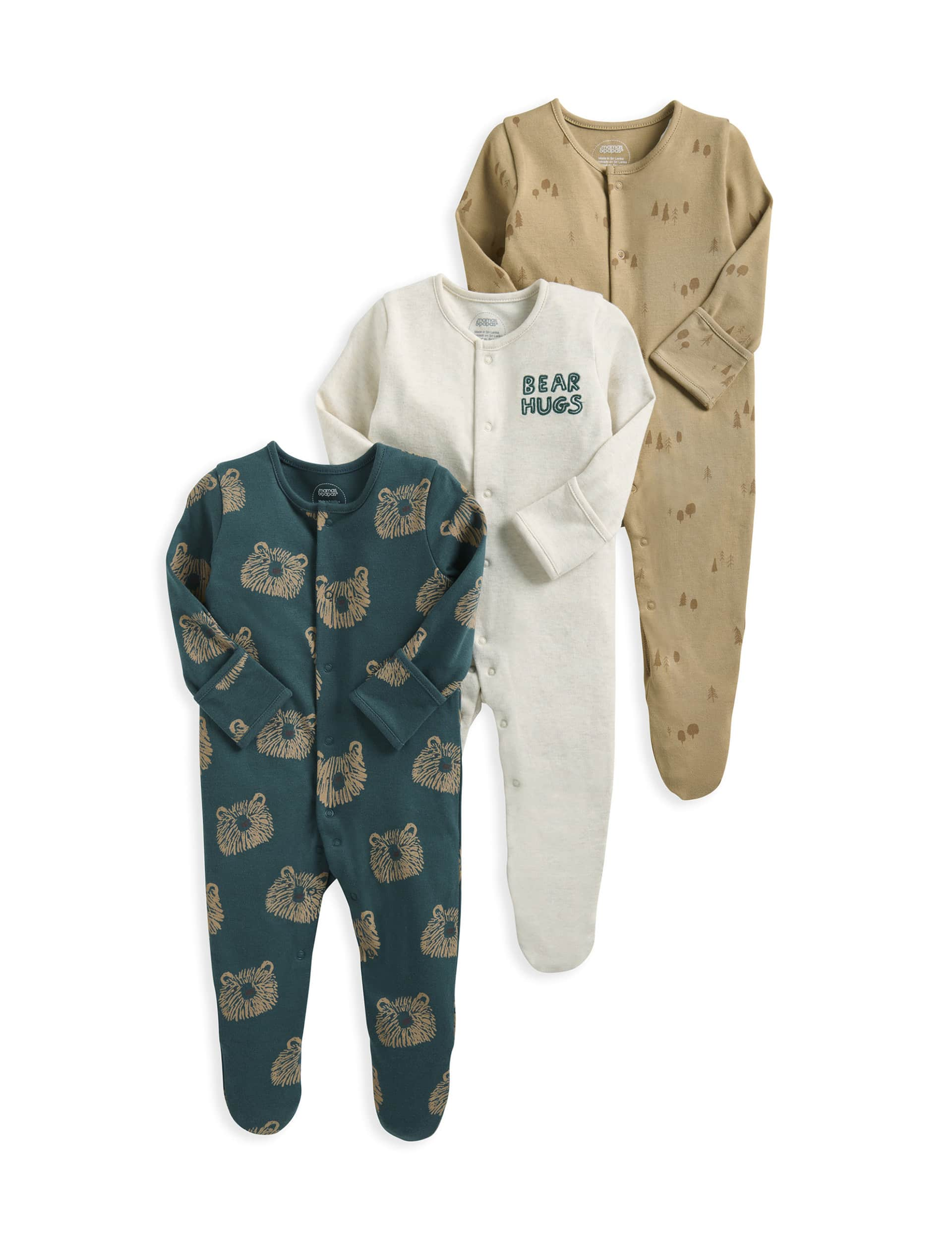 Mamas & Papas Boys 3pk Pure Cotton Bear Sleepsuits (0-24 Mths) - UT1M - Multi, Multi