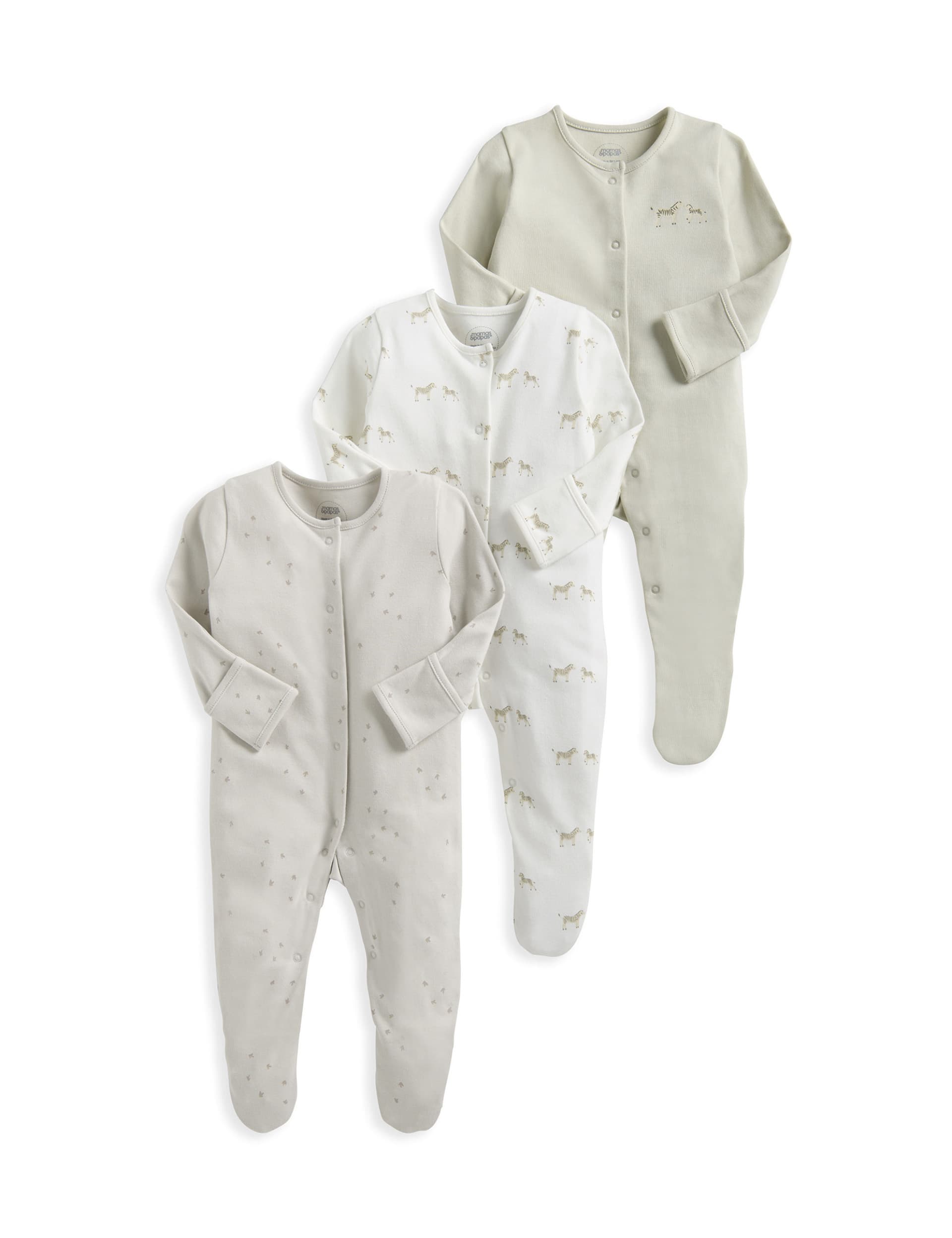 Mamas & Papas 3pk Pure Cotton Animal Sleepsuits (0-24 Mths) - 0-3 M - Brown, Brown