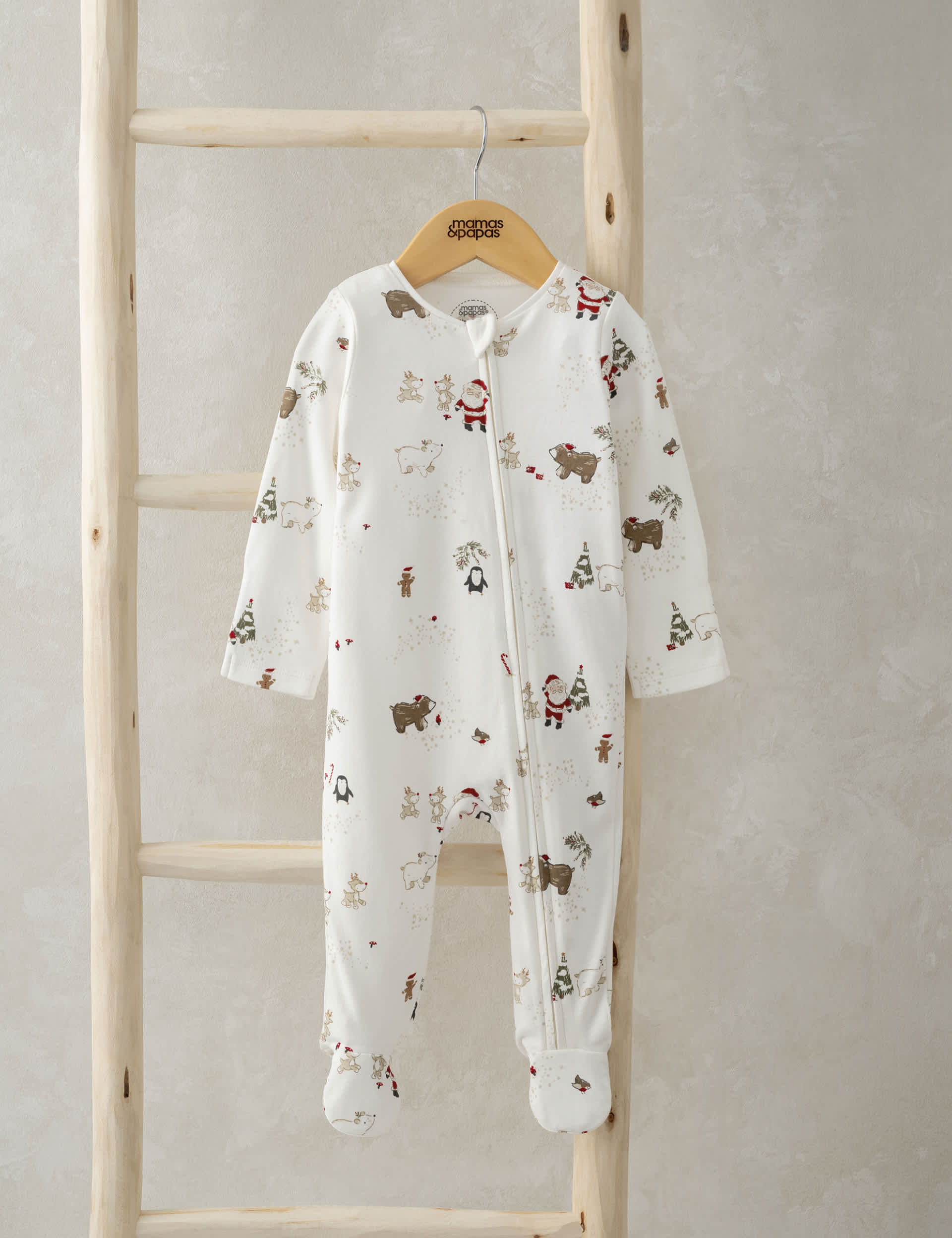 Mamas & Papas Pure Cotton Christmas Zip Sleepsuit (0-12 Mths) - 3-6 M - White, White