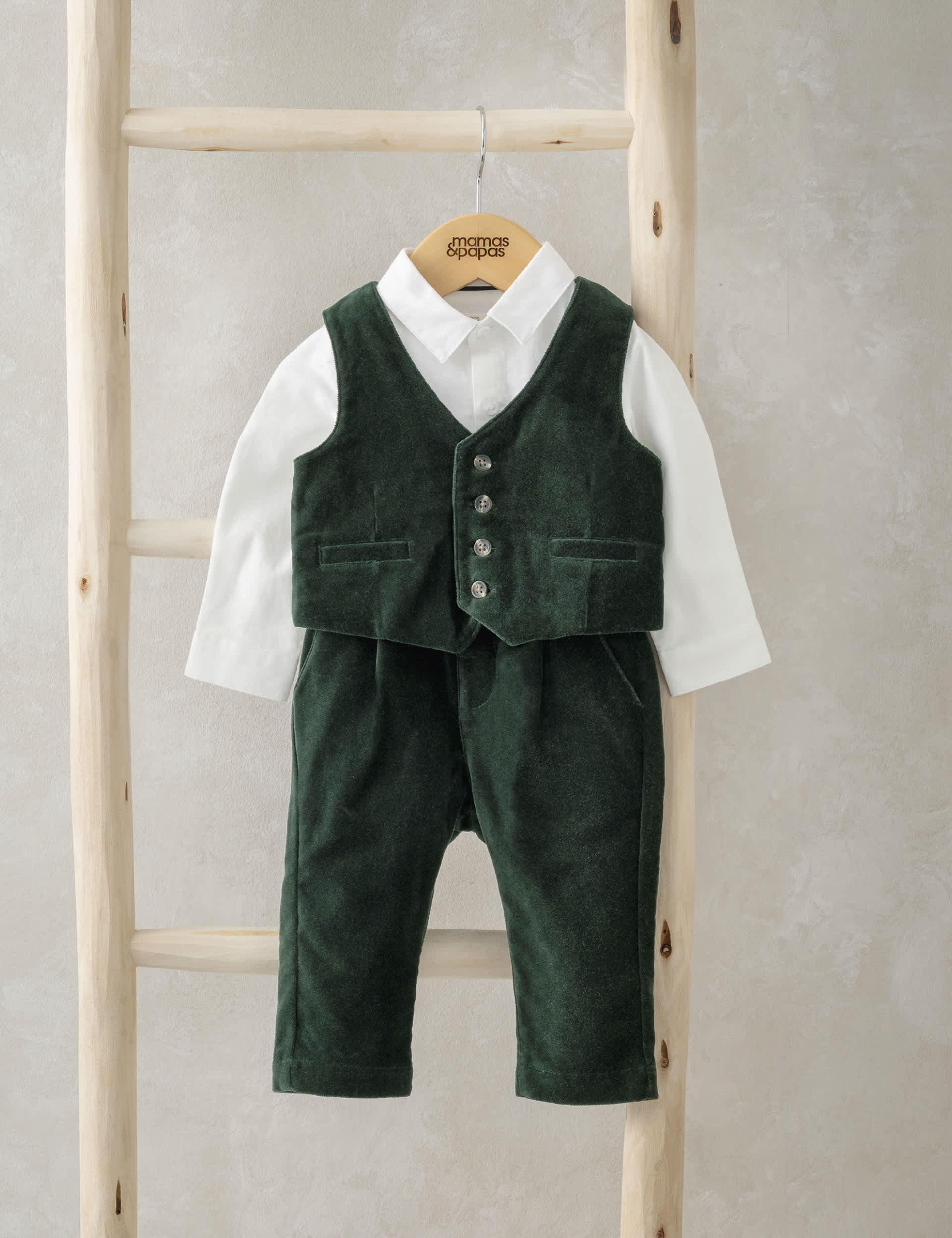 Mamas & Papas Boys 3pc Pure Cotton Velour Suit Outfit (0-3 Yrs) - 6-9 M - Green, Green