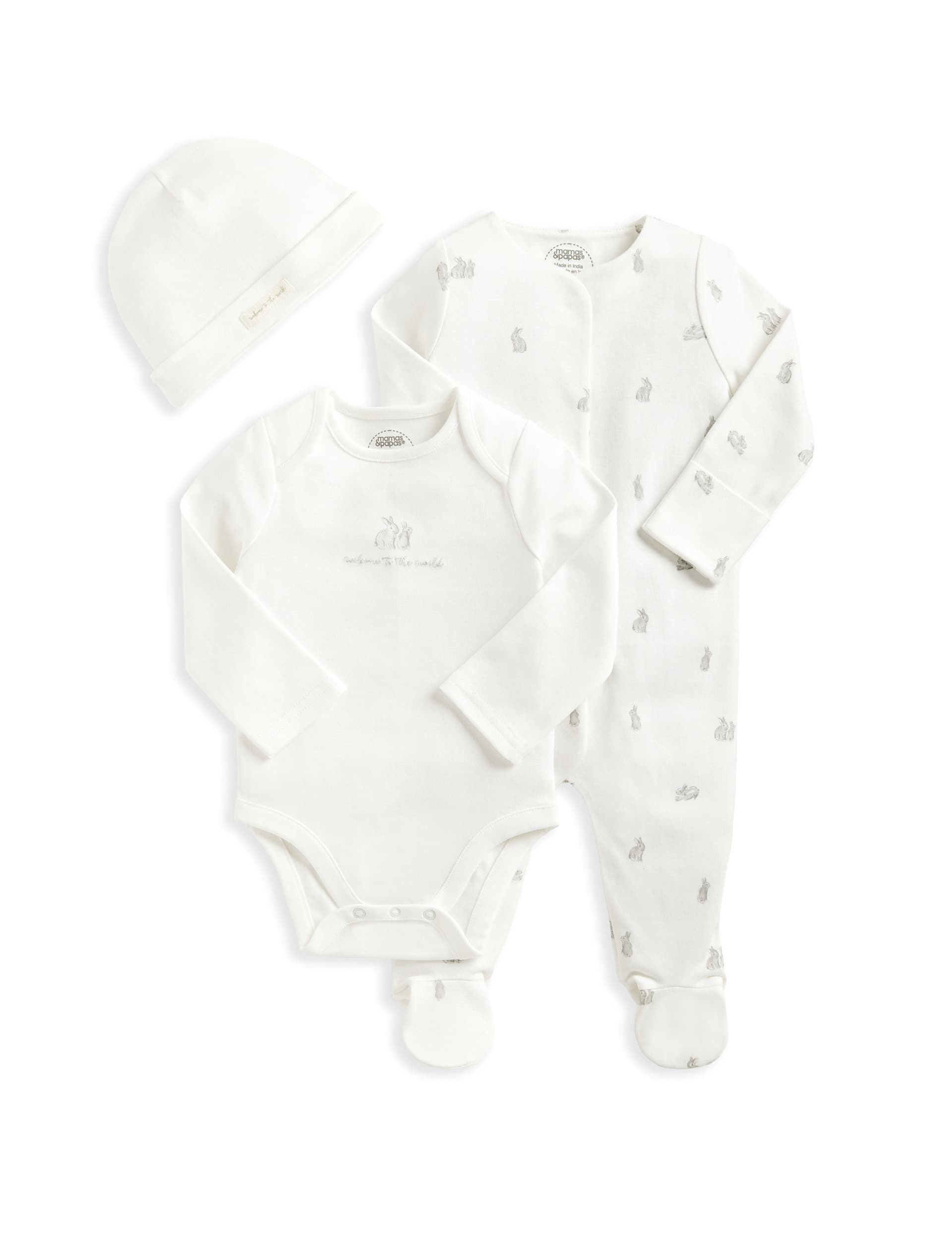 Mamas & Papas Pure Cotton Bunny 3 Piece Start Set (0-12 Mths) - 0-3 M - White, White