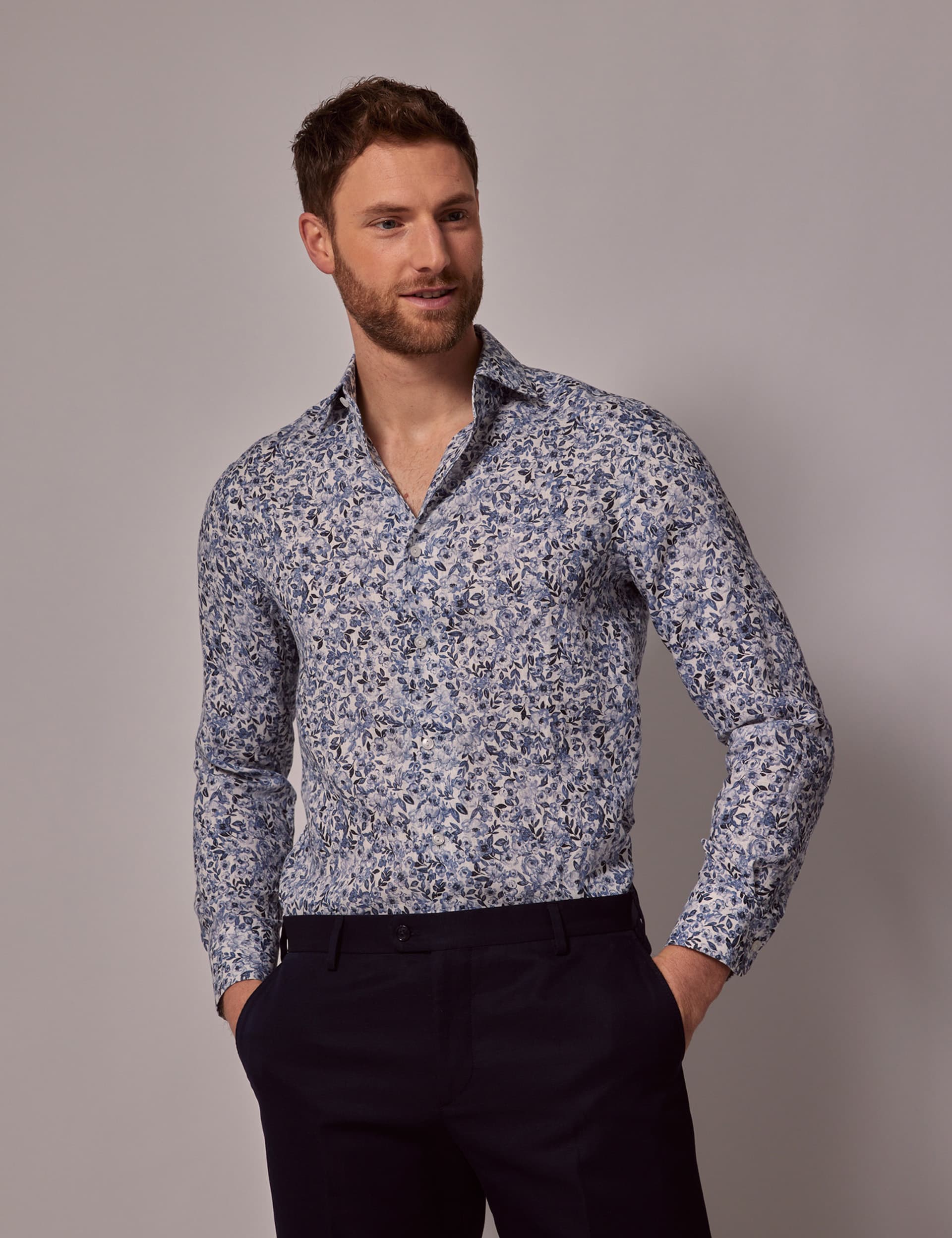 Hawes & Curtis Slim Fit Pure Linen Floral Shirt - Blue Mix, Blue Mix