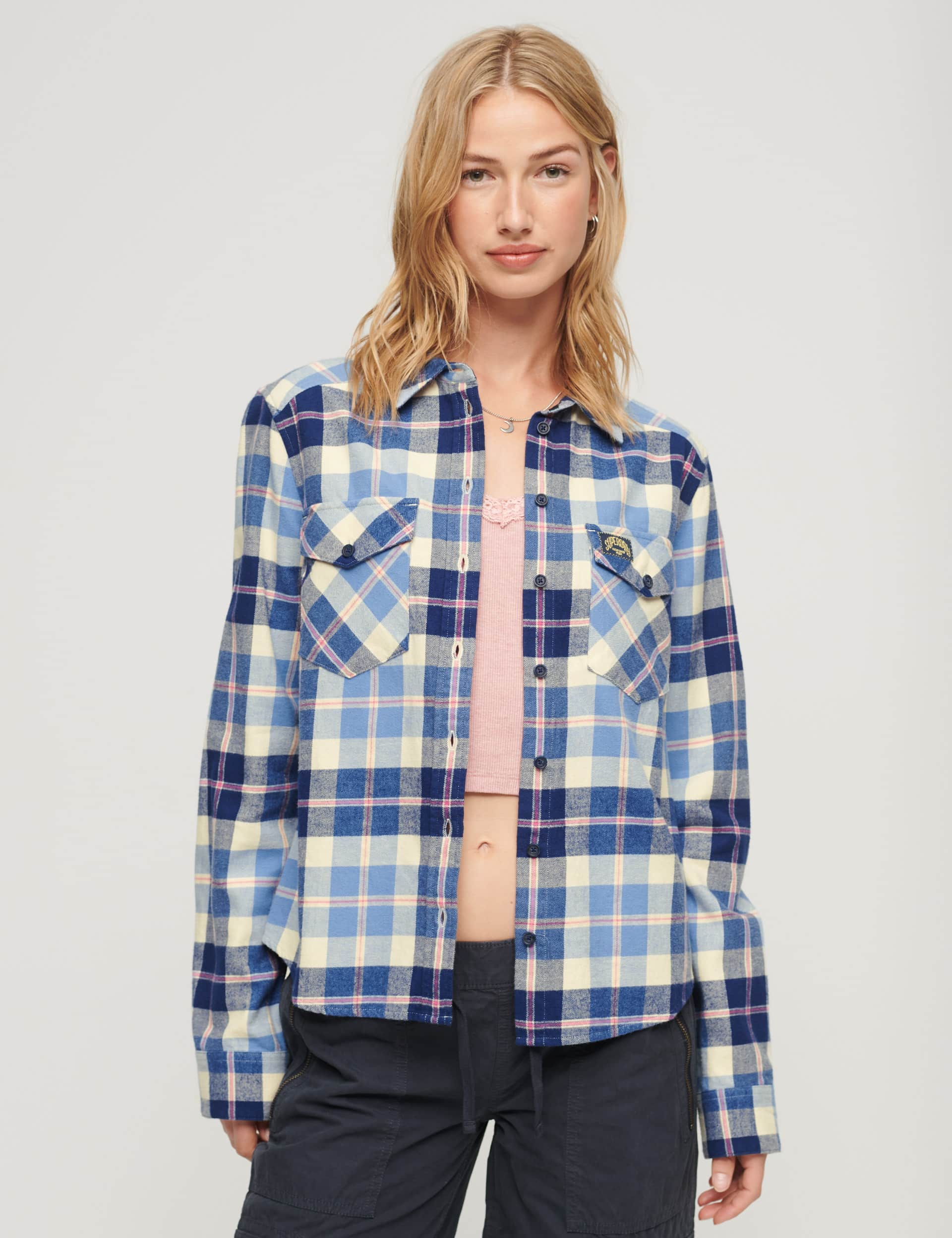 Superdry Women's Organic Cotton Checked Relaxed Shirt - 10 - Blue, Blue