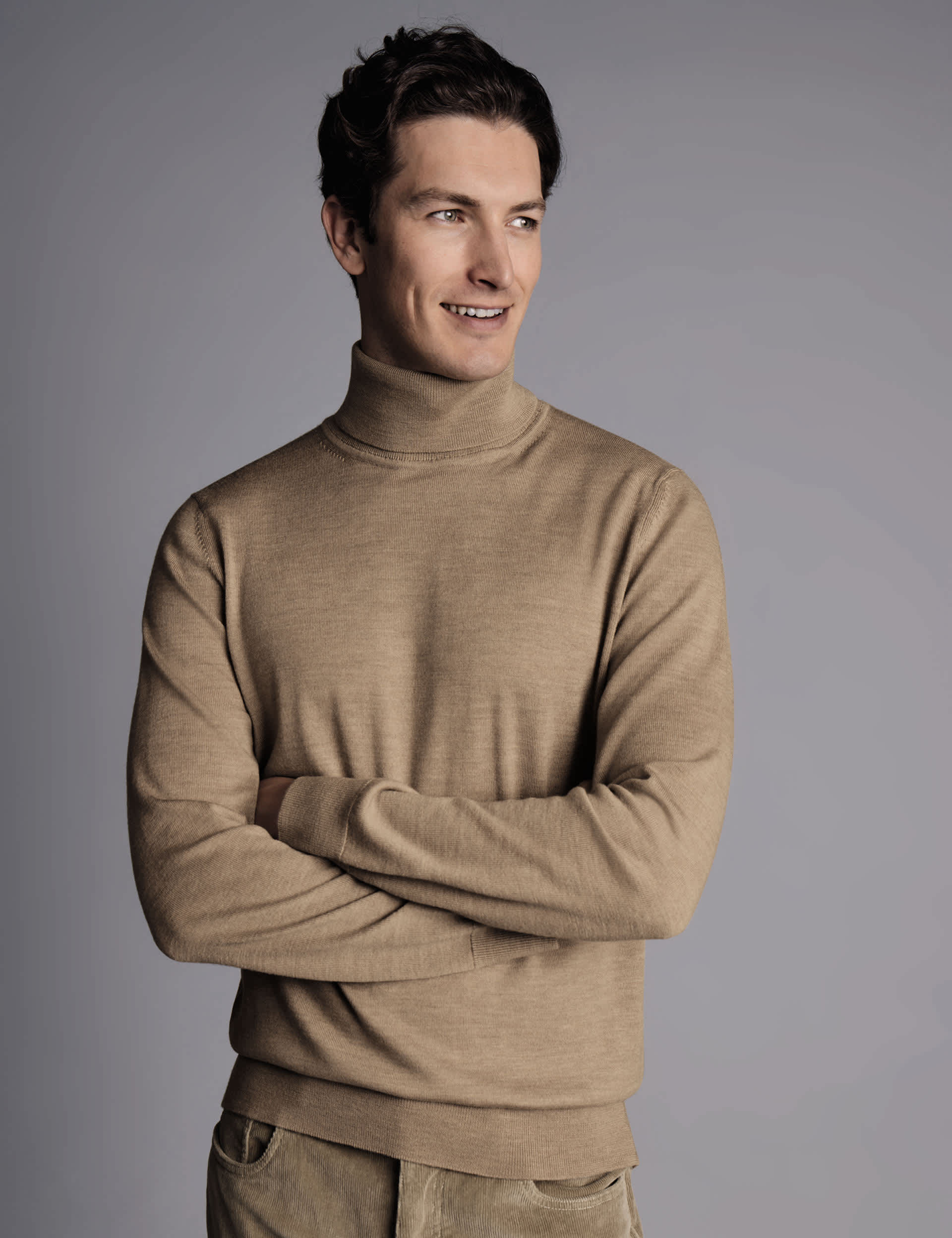 Charles Tyrwhitt Men's Pure Merino Wool Roll Neck Jumper - Stone, Grey,Stone,Navy