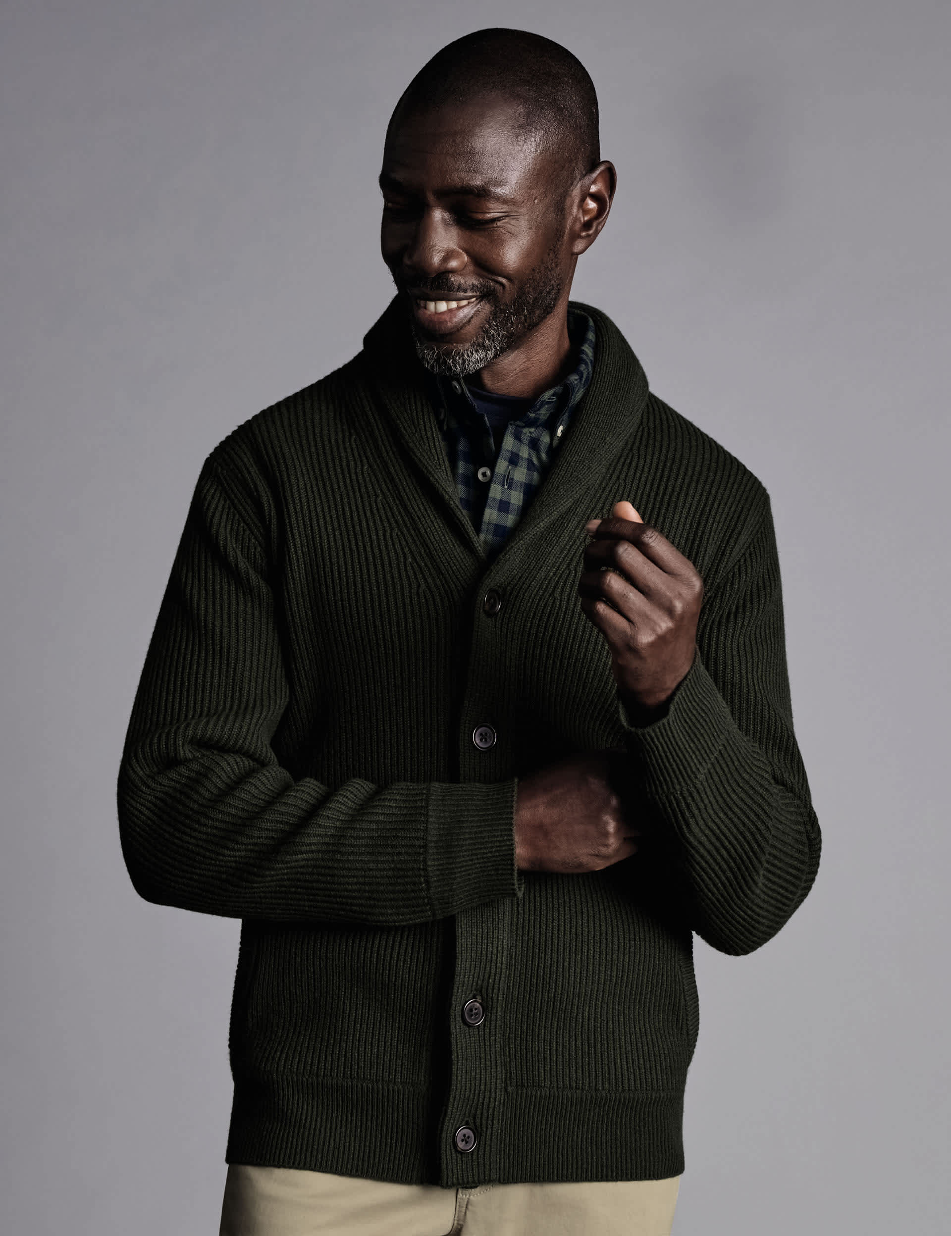 Charles Tyrwhitt Men's Pure Merino Wool Rib Shawl Collar Cardigan - Dark Green, Navy,Dark Green