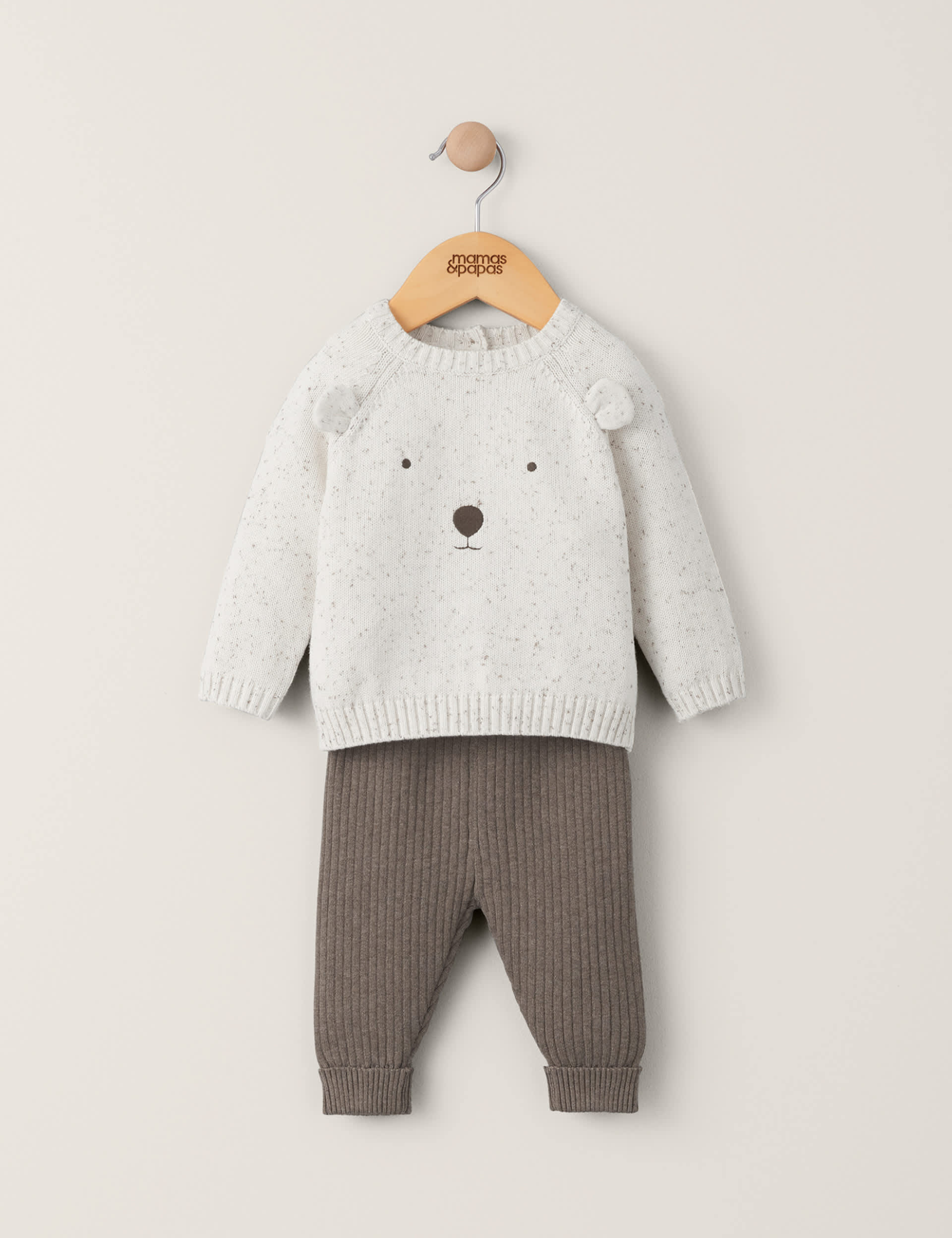 Mamas & Papas 2pc Pure Cotton Knitted Bear Outfit (7lbs-1 Yrs) - 0-3 M - Brown, Brown