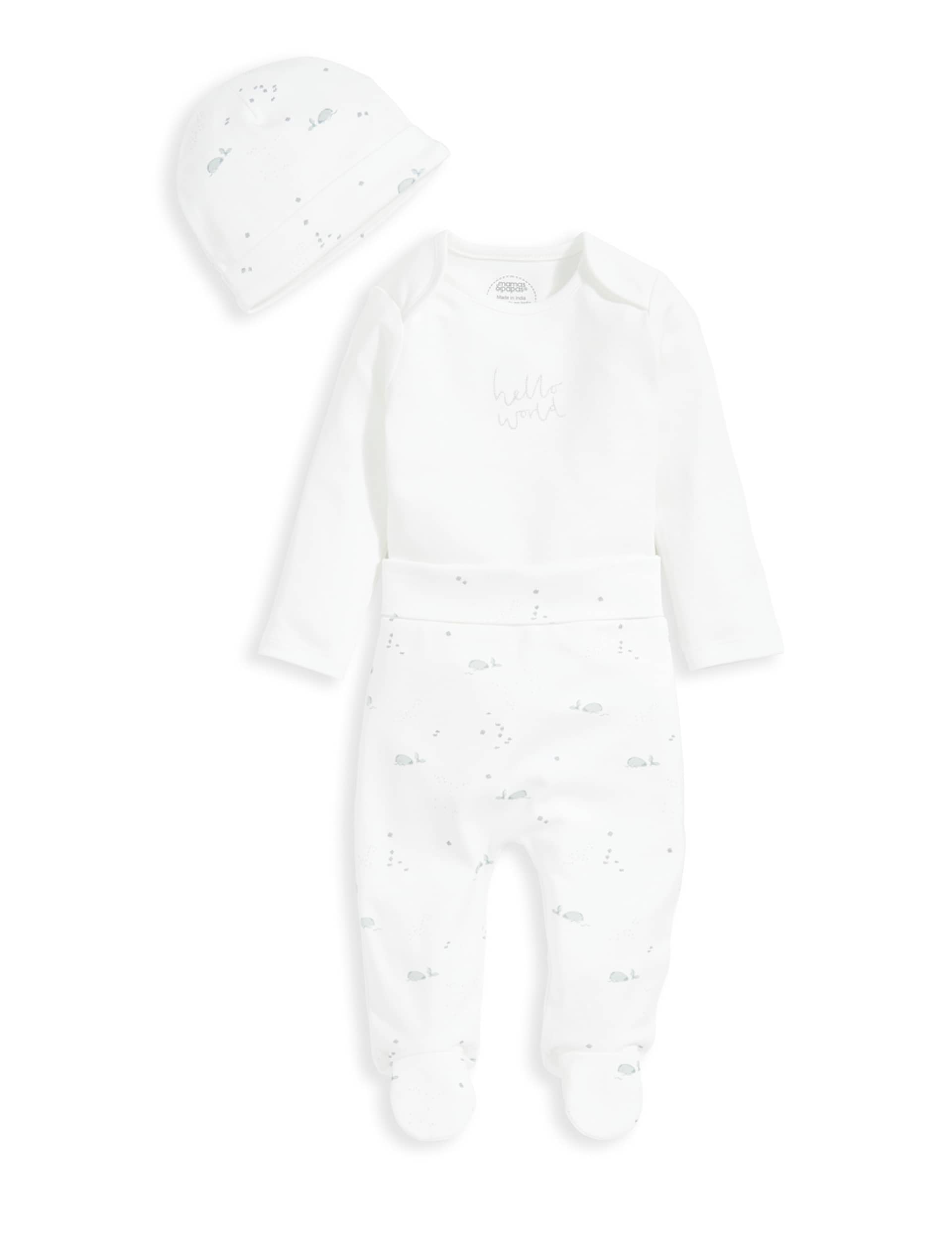 Mamas & Papas Boys 3pc Pure Cotton Whale Outfit (7lbs-6 Mths) - UT1M - White, White