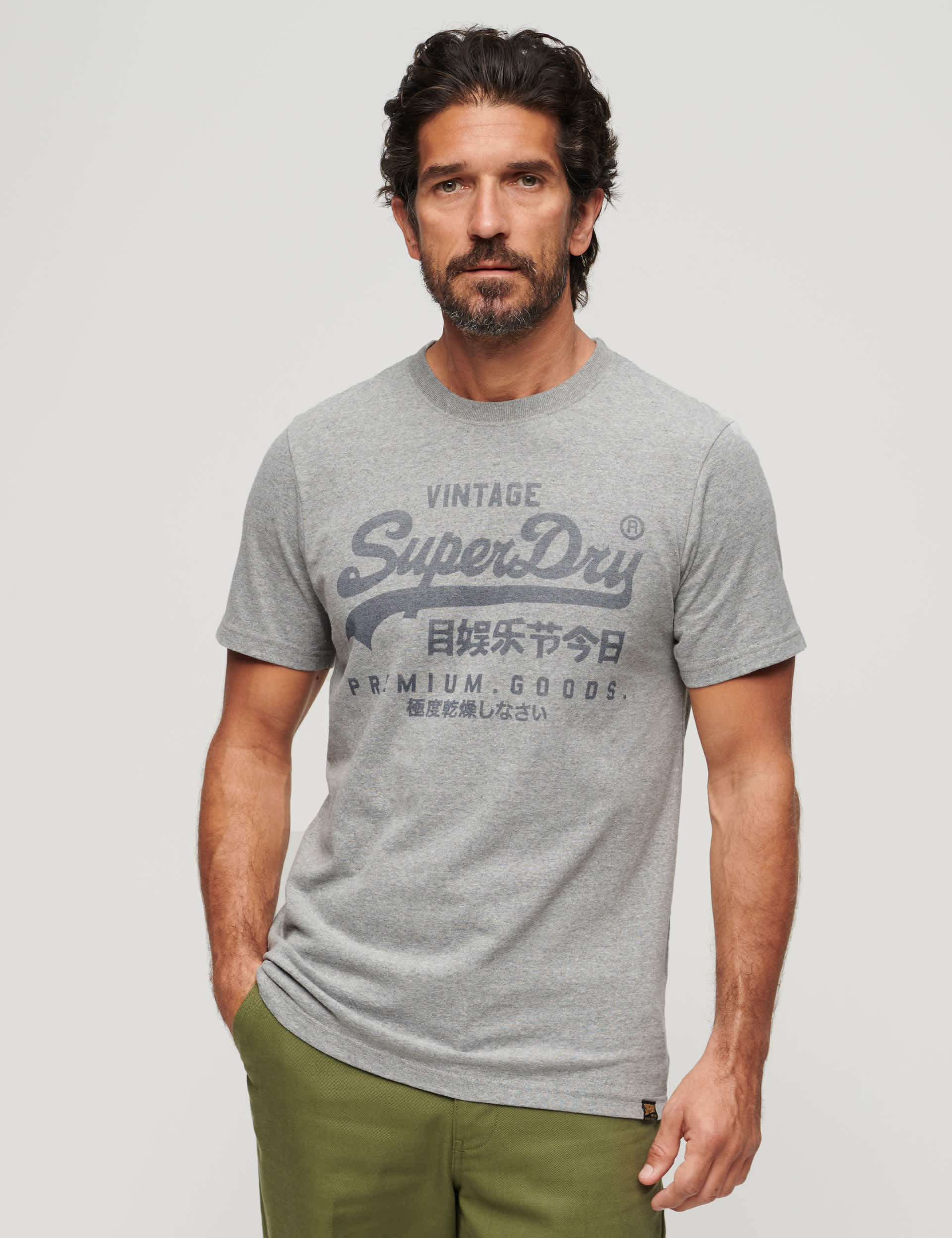 Superdry Men's Cotton Blend Logo Print Crew Neck T-Shirt - Grey, Navy,Grey