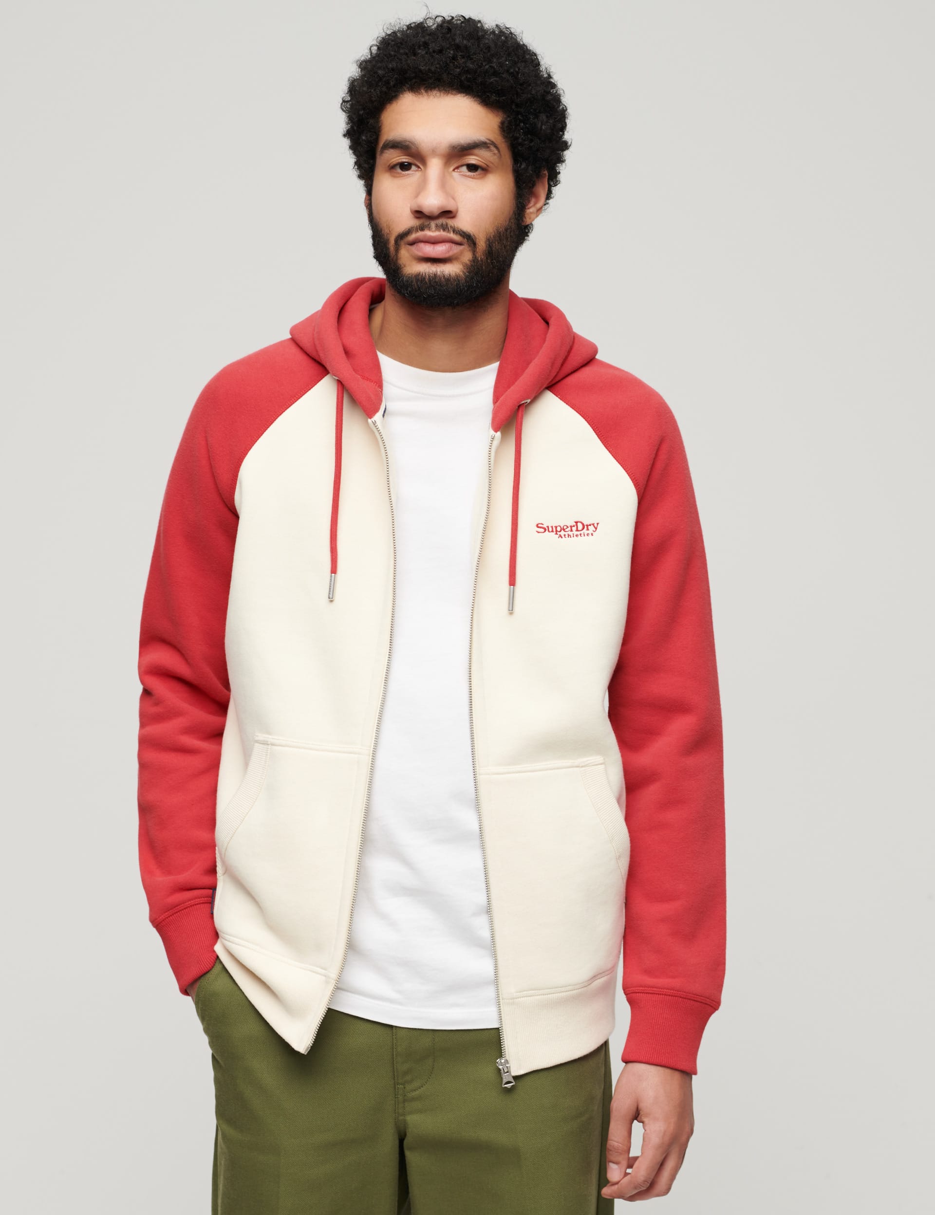 Superdry Men's Cotton Rich Colour Block Zip Up Hoodie - Beige, Beige