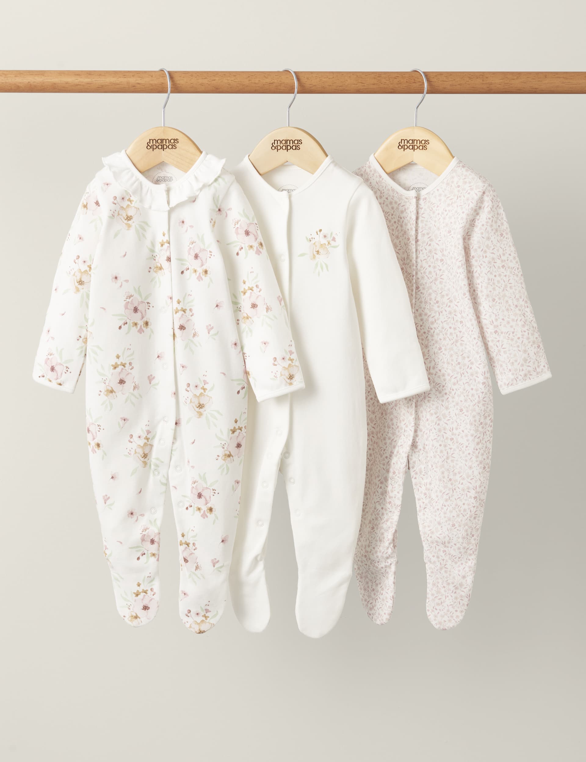 Mamas & Papas Newborn Girls 3pk Pure Cotton Floral Sleepsuits (7lbs-2 Yrs) - 3-6 M - White Mix, Whit