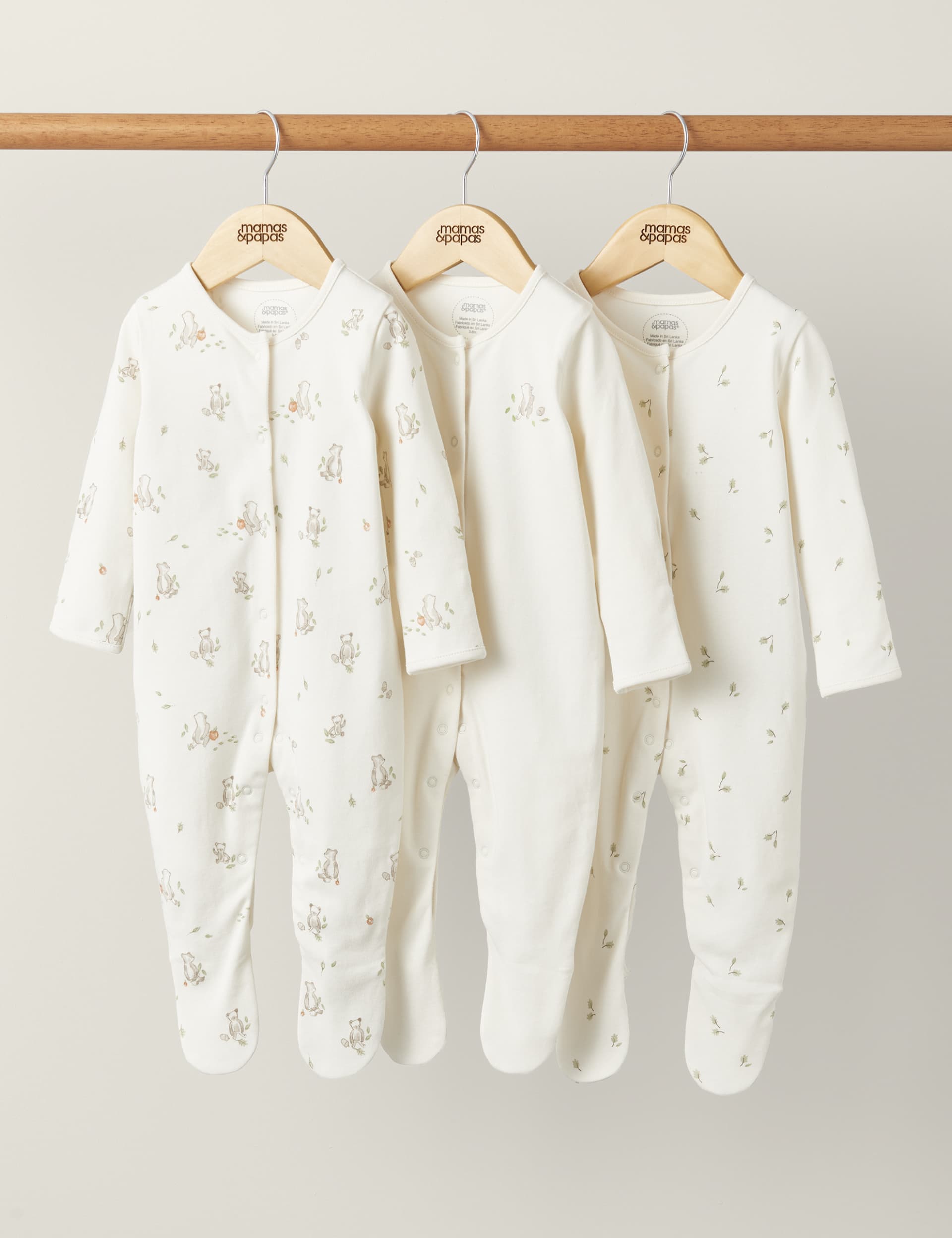 Mamas & Papas 3pk Pure Cotton Bear & Leaf Sleepsuits (7lbs-2 Yrs) - 3-6 M - Cream Mix, Cream Mix