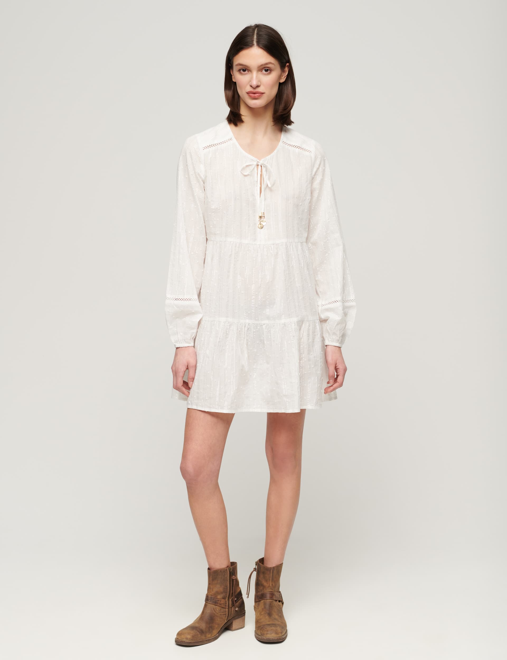 Superdry Women's Cotton Rich Tie Neck Mini Tiered Dress