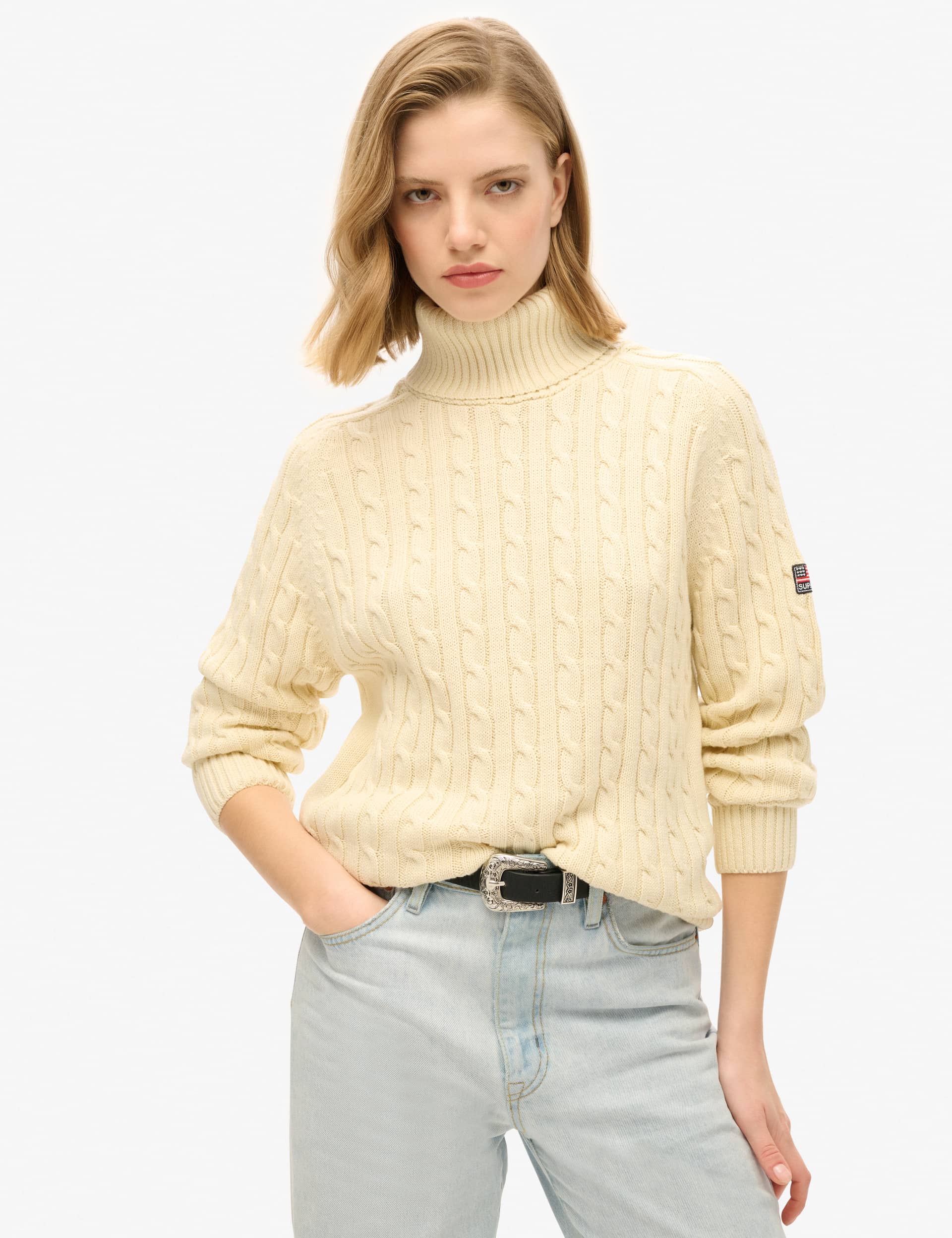 Superdry Women's Pure Cotton Cable Knit Roll Neck Jumper - 10 - White, White,Black,Beige