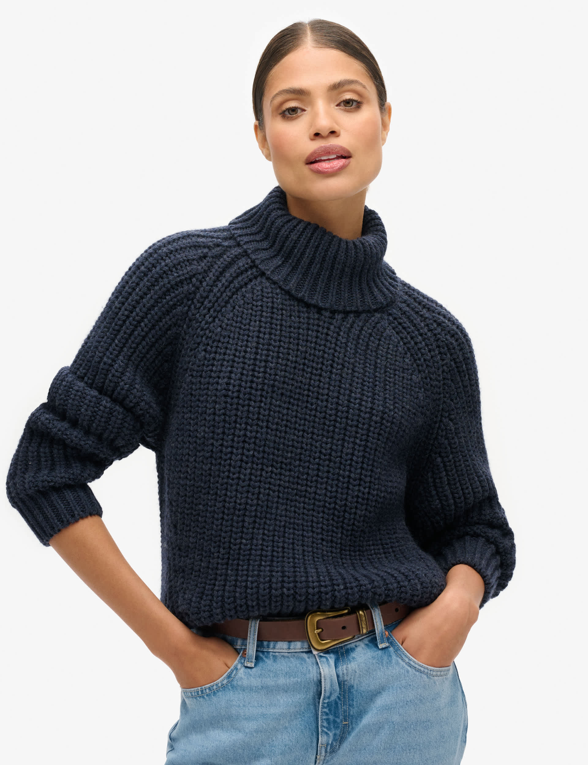 Superdry Women's Textured Roll Neck Relaxed Jumper with Wool - 8 - Navy, Navy,Green