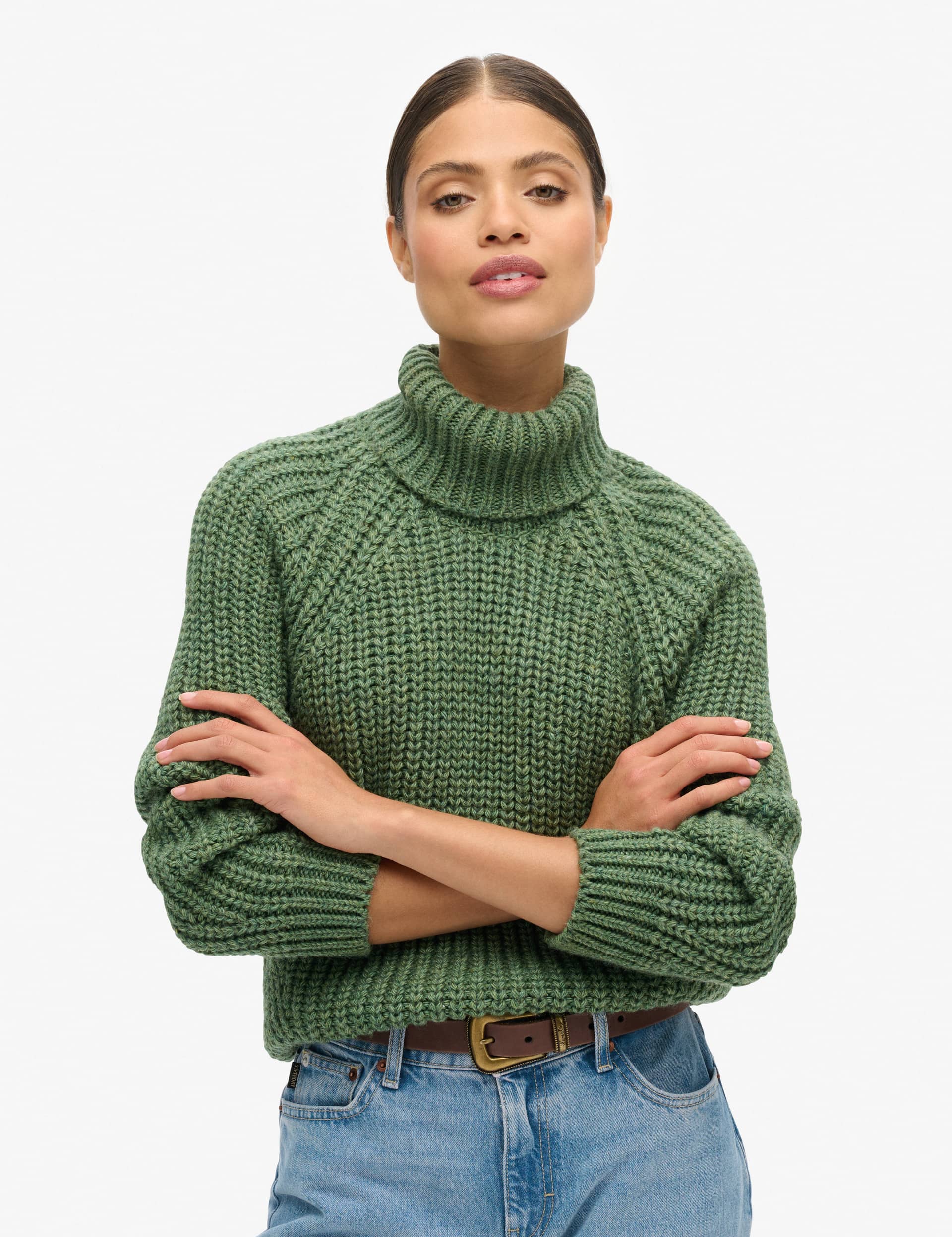 Superdry Women's Textured Roll Neck Relaxed Jumper with Wool - 10 - Green, Navy,Green