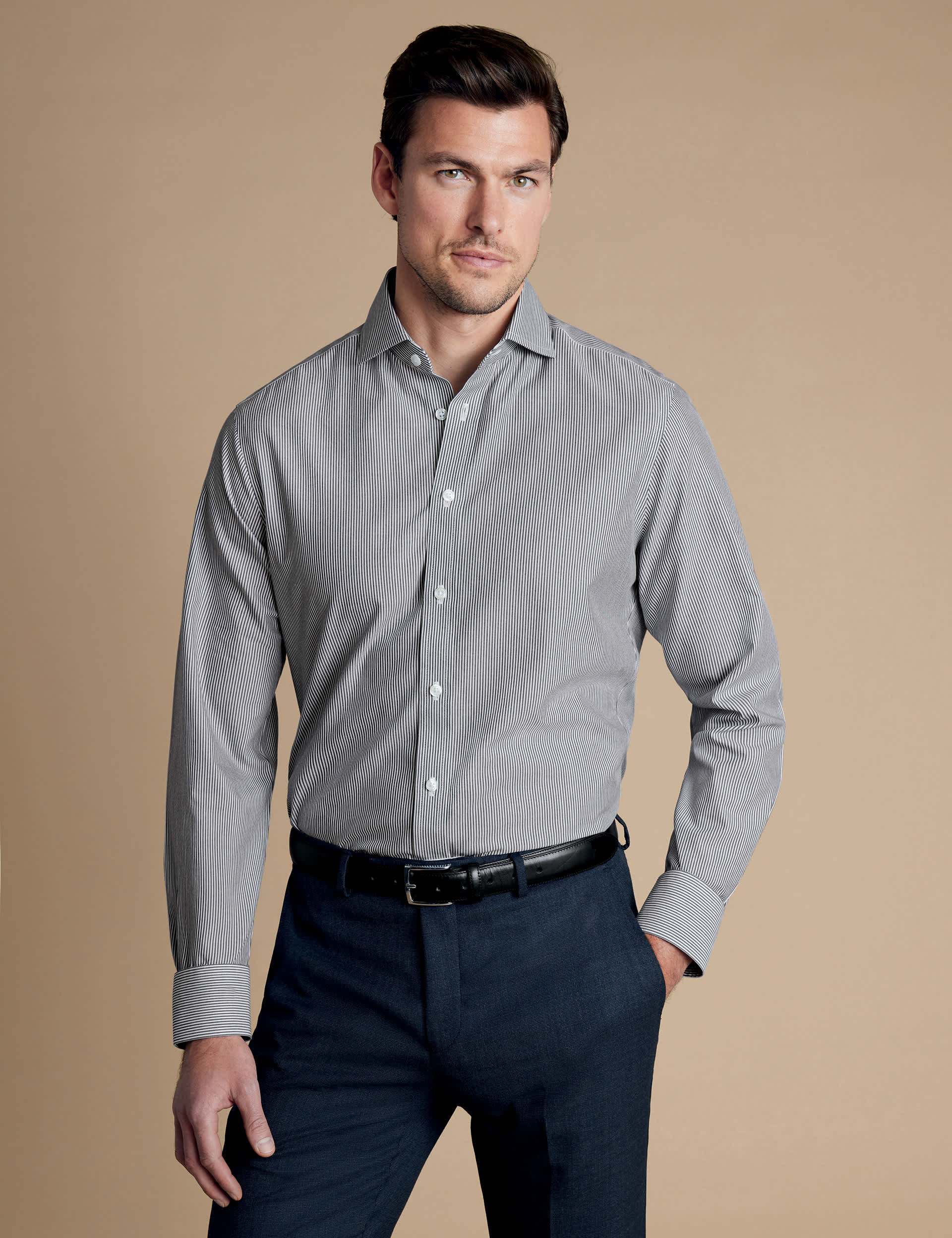 Charles Tyrwhitt Men's QT Slim Fit Non Iron Pure Cotton Striped Shirt