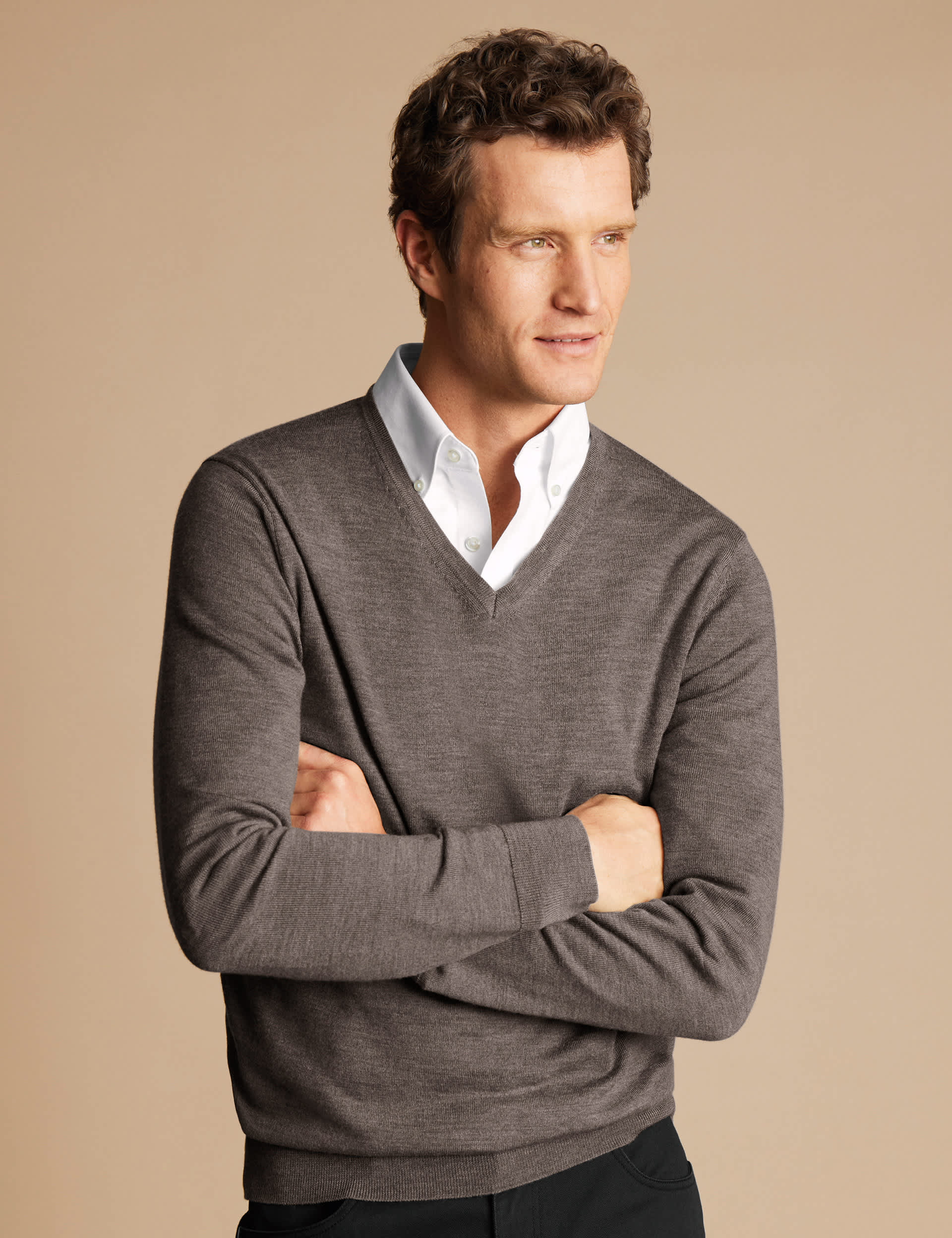 Charles Tyrwhitt Men's Pure Wool V-Neck Jumper - Mocha, Mocha,Aqua,Black