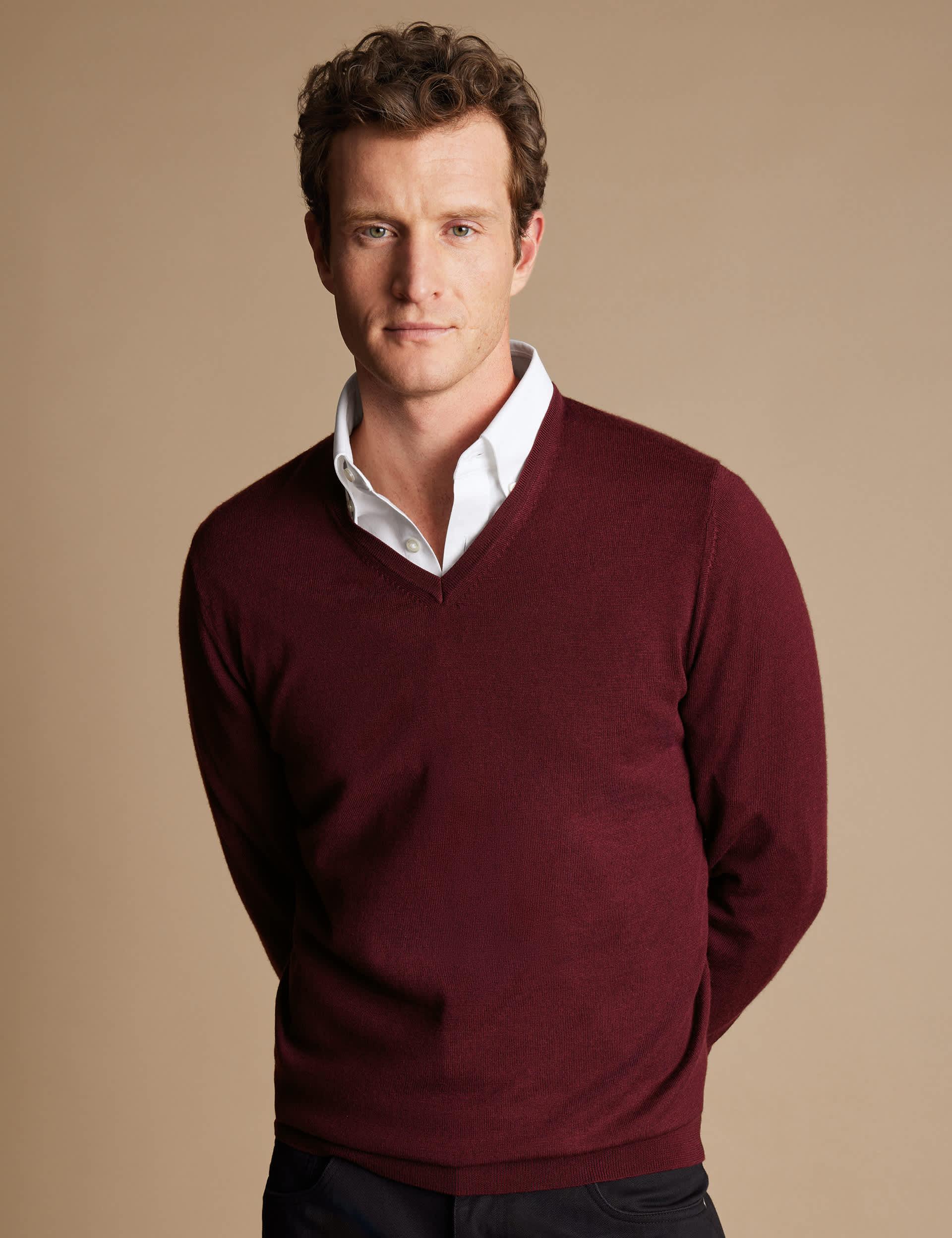 Charles Tyrwhitt Men's Pure Wool V-Neck Jumper - Burgundy, Burgundy,Mocha,Moss Green,Dark Indigo,Bla