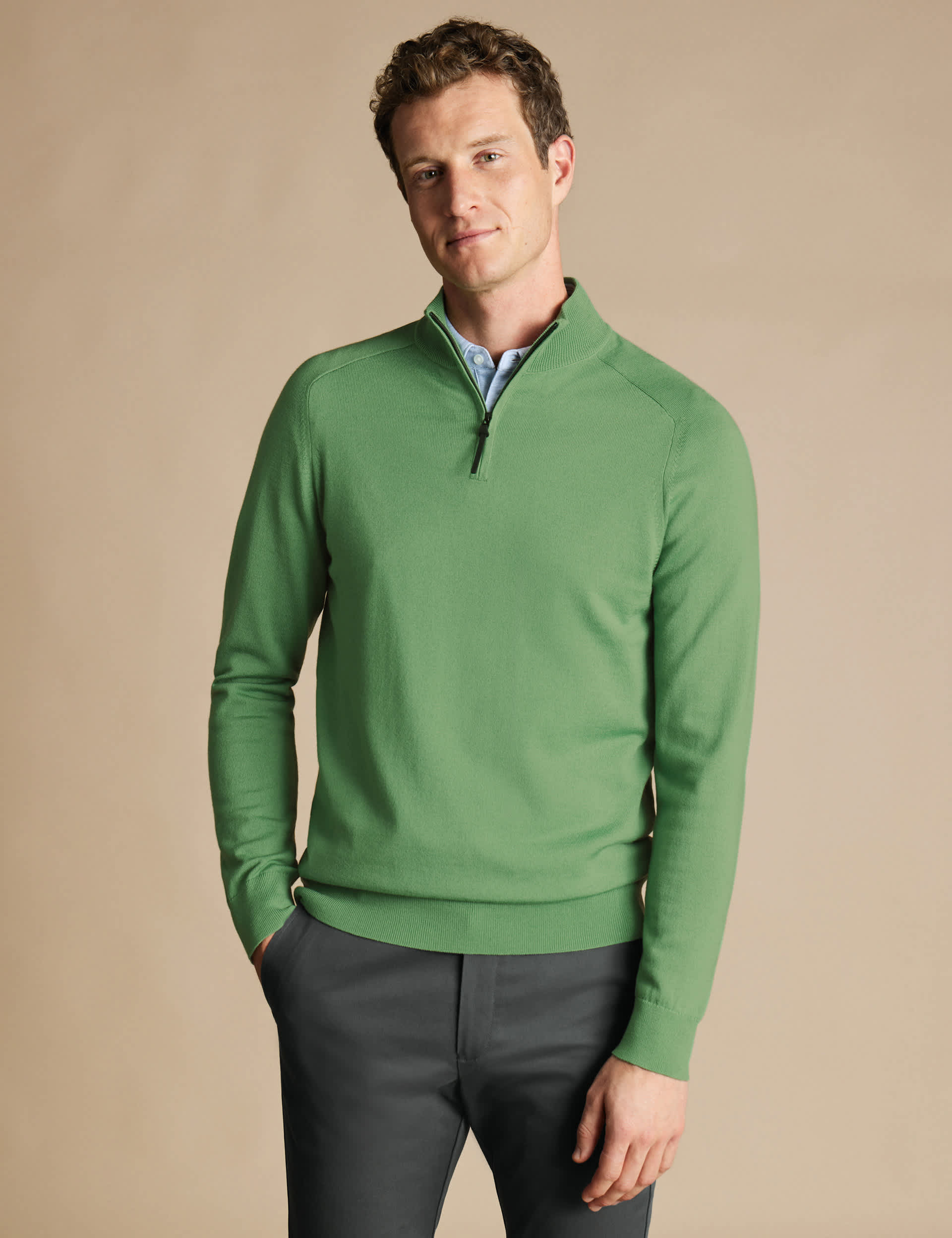 Charles Tyrwhitt Men's Pure Merino Wool Half Zip Jumper - Light Green, Light Green,Cornflower