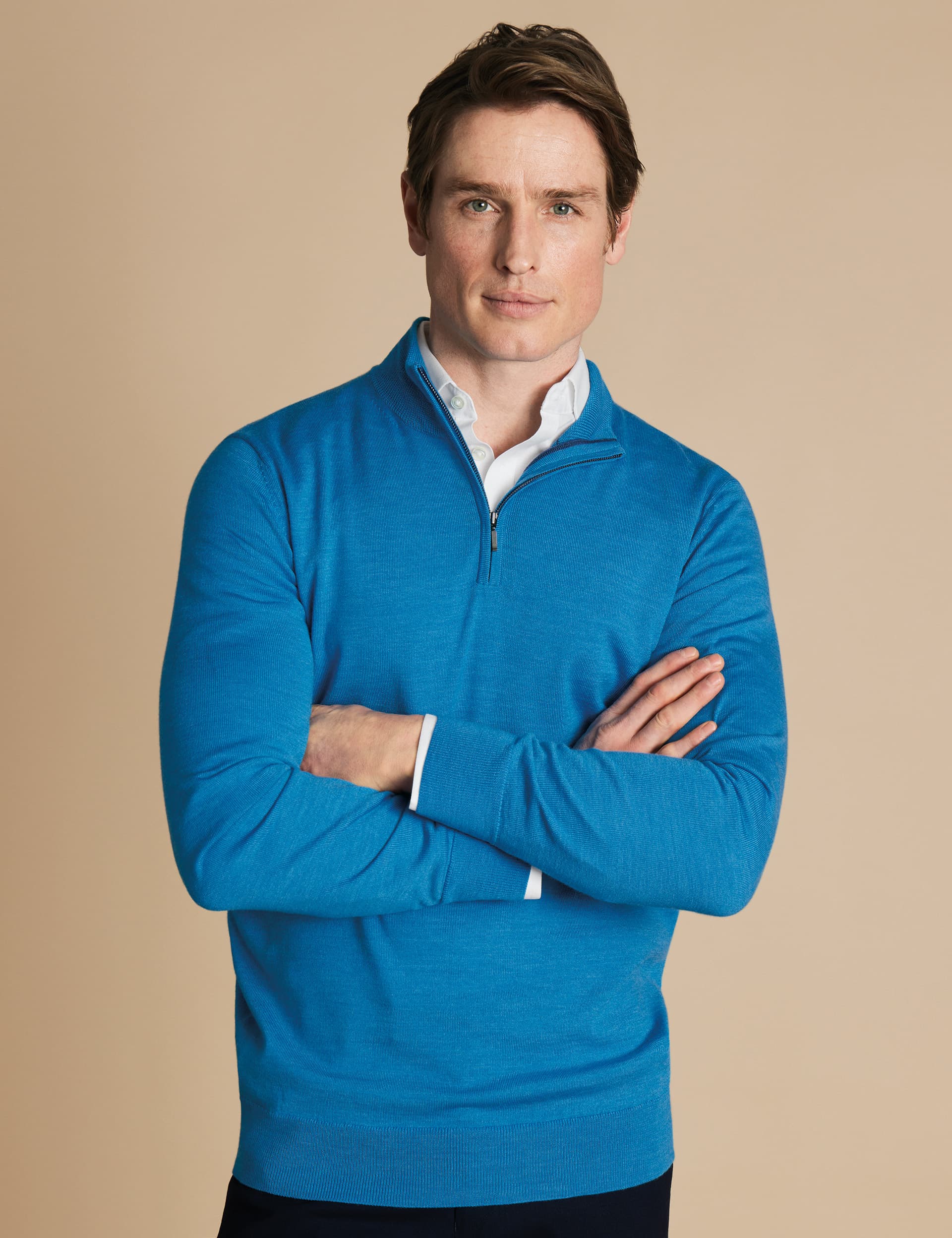 Charles Tyrwhitt Men's Pure Merino Wool Half Zip Jumper - Bright Blue, Aqua,Bright Blue,Moss Green