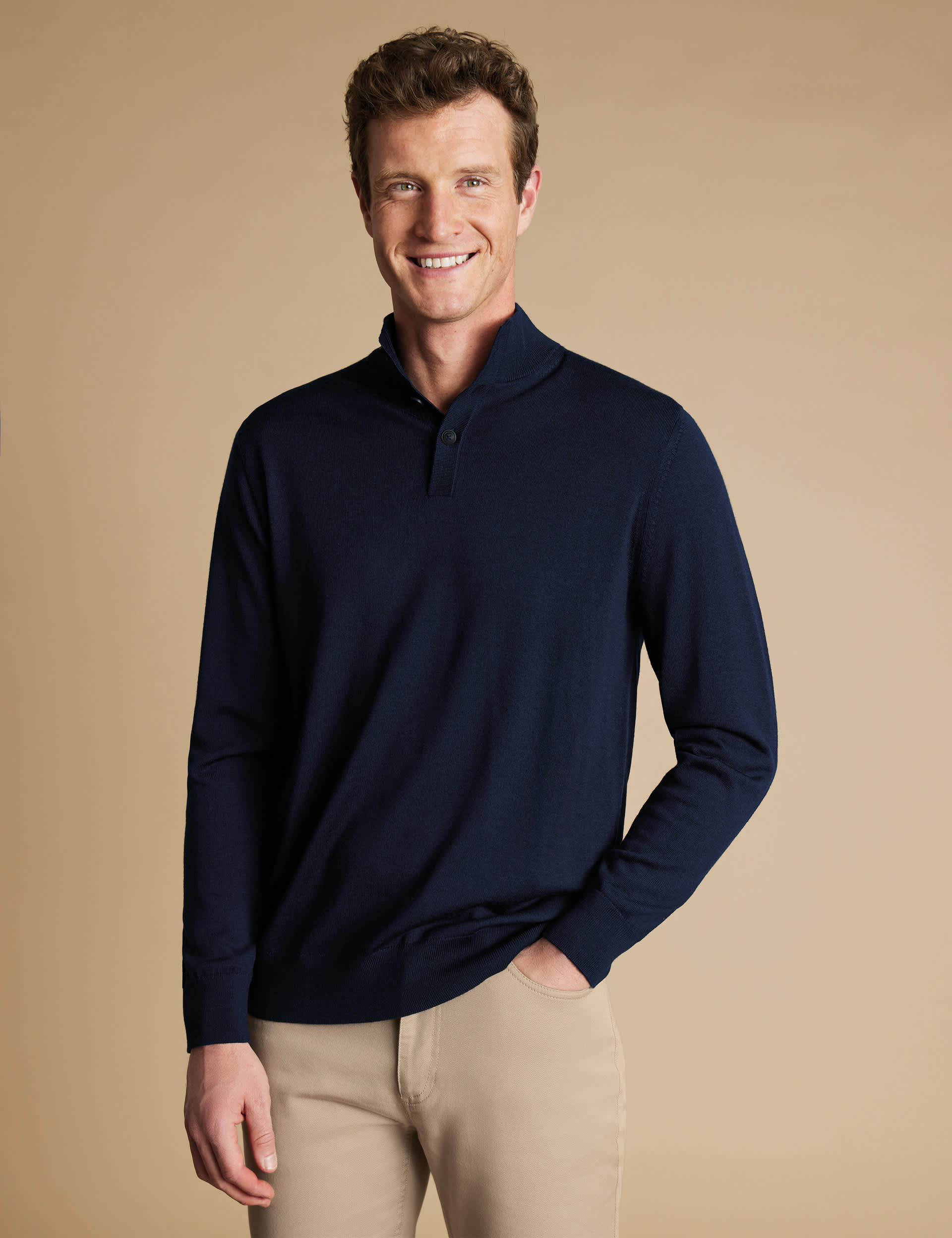 Charles Tyrwhitt Men's Pure Merino Wool Button Neck Jumper - Navy, Dark Charcoal,Forest Green,Navy,M