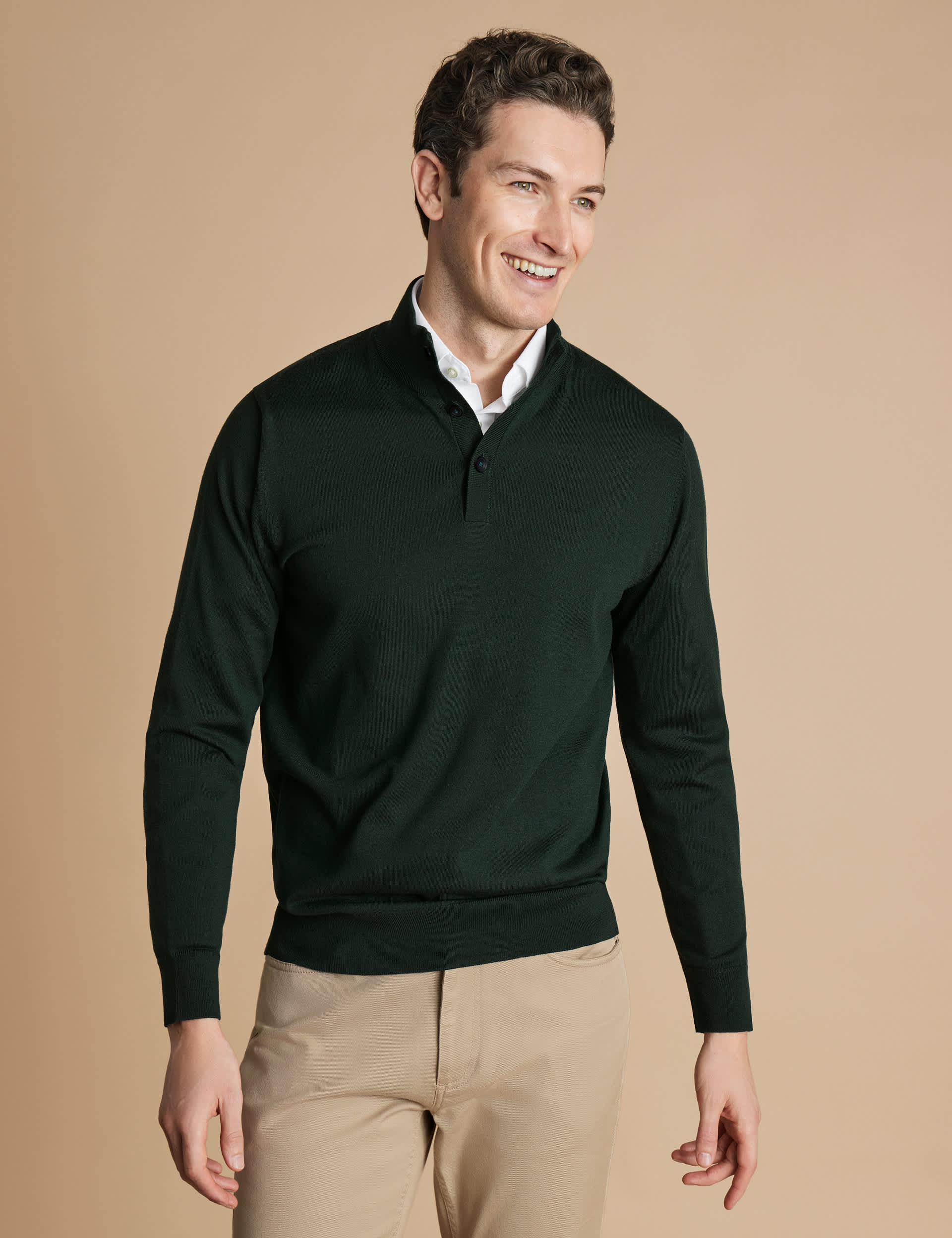 Charles Tyrwhitt Men's Pure Merino Wool Button Neck Jumper - Forest Green, Forest Green,Navy,Dark Ch