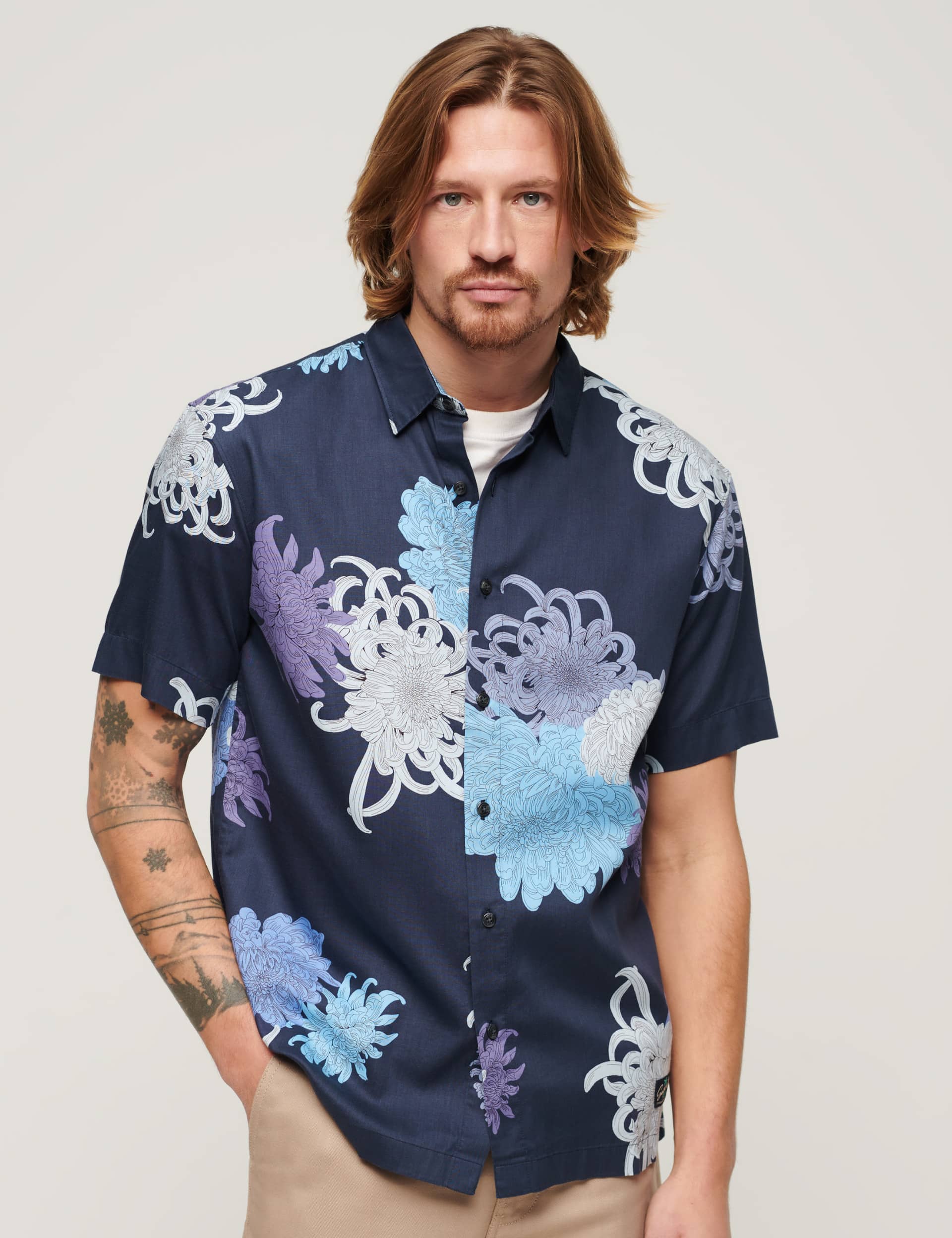 Superdry Men's Cotton Blend Hawaiian Shirt - Navy Mix, White Mix,Navy Mix,Cream Mix,Red Mix,Blue Mix